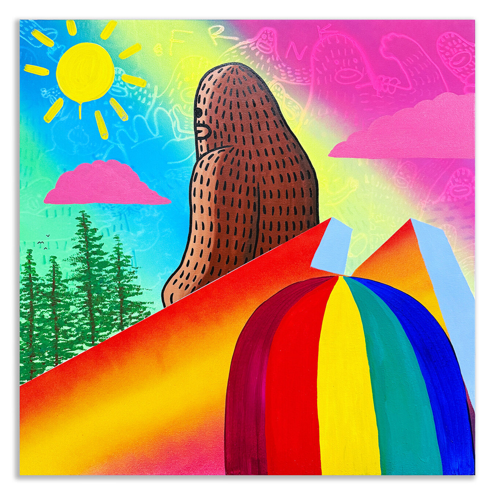 A painting of a bear standing on top of a mountain.
