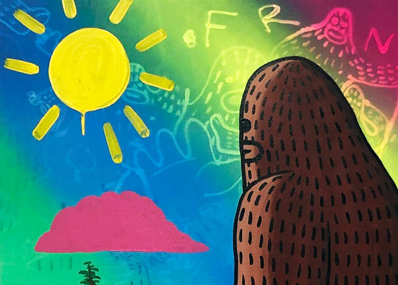 A painting of a bear standing on top of a mountain.