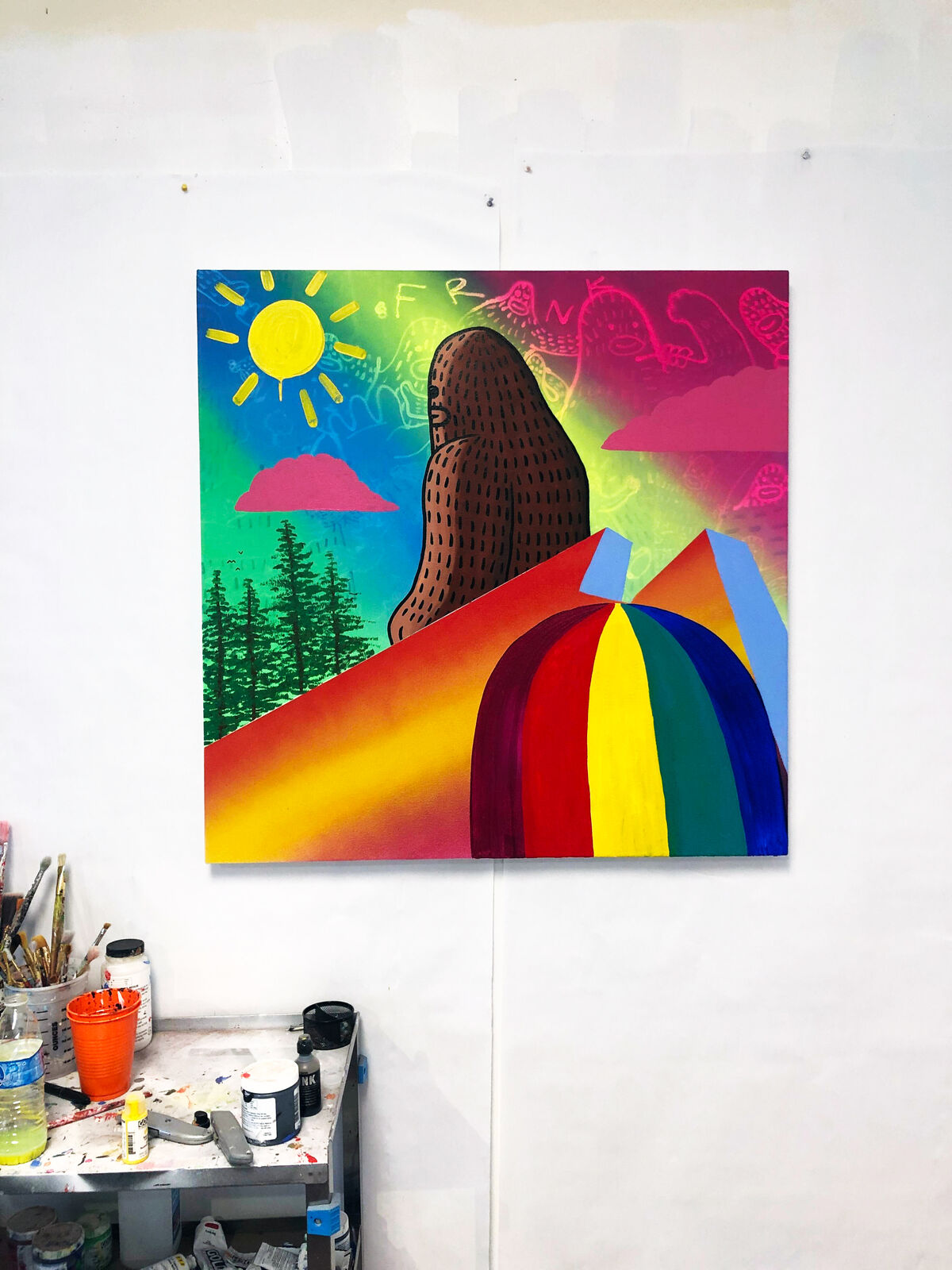 A painting of a bear standing on top of a mountain.
