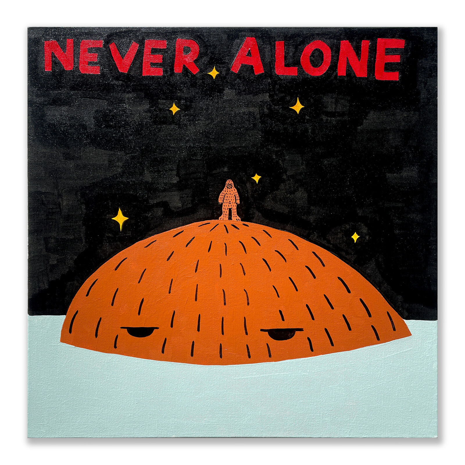 A poster with a man standing on top of a planet.