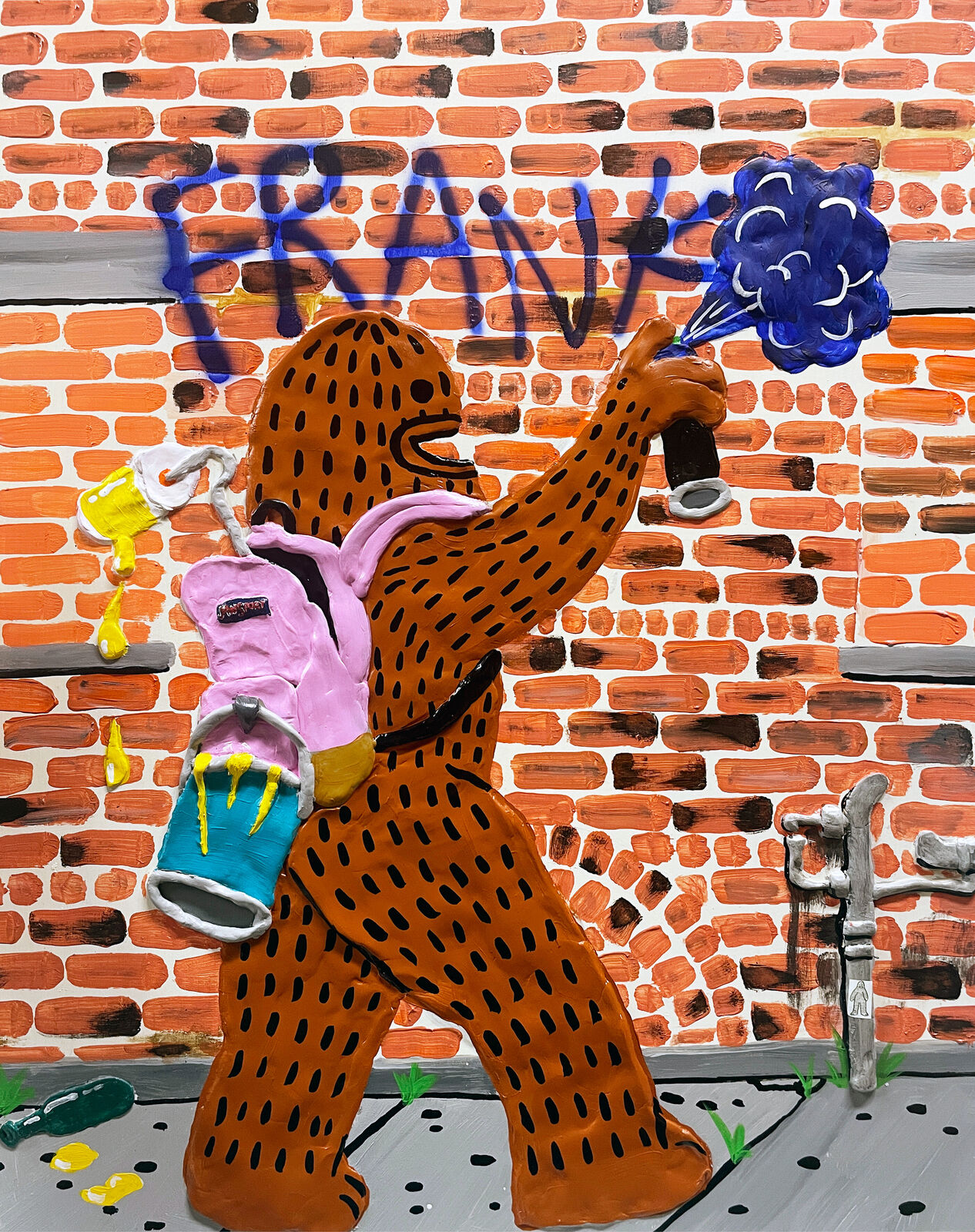 A painting of a bear spraying graffiti on a brick wall.