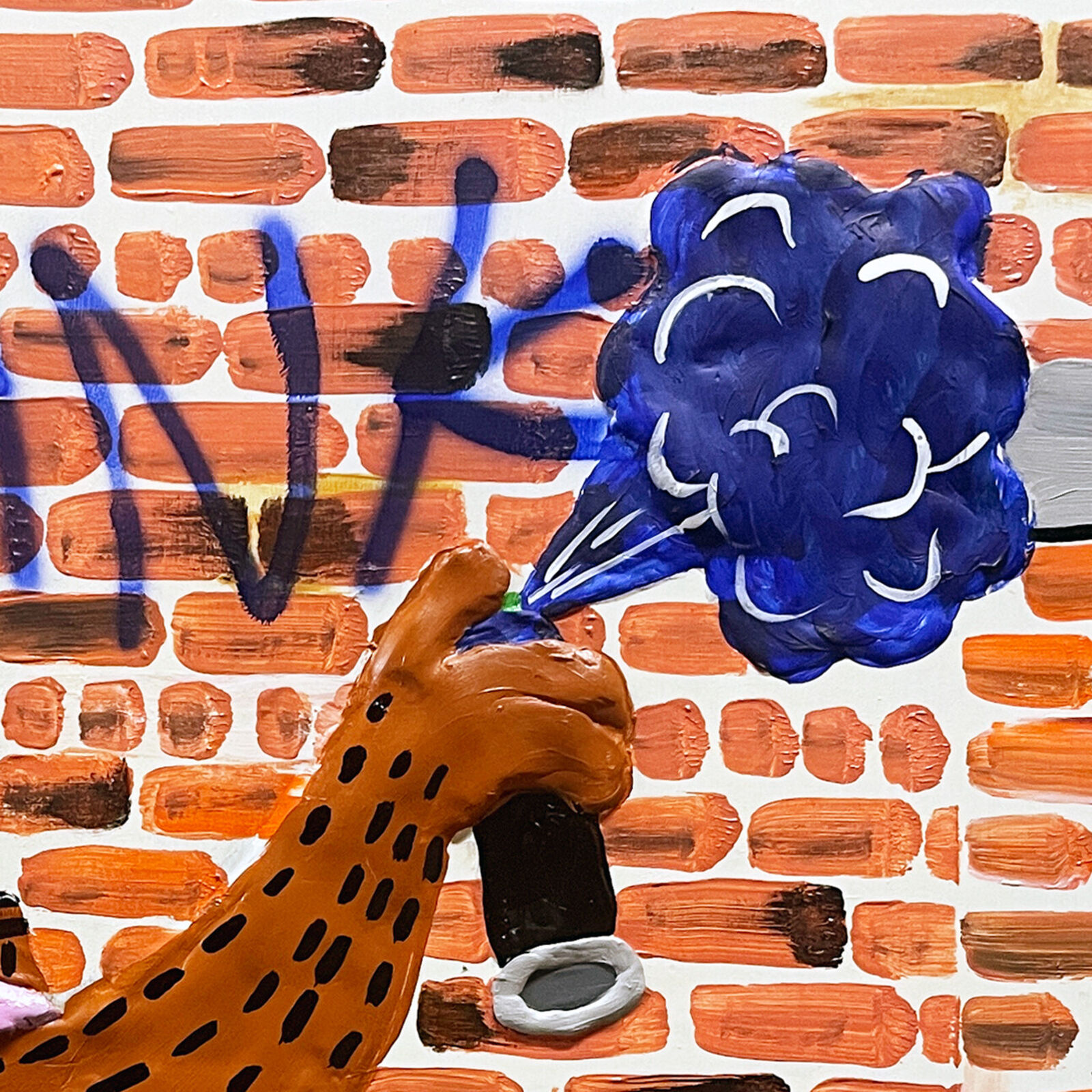 A painting of a bear spraying graffiti on a brick wall.