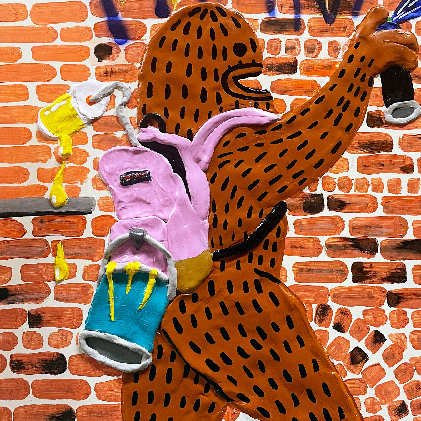 A painting of a bear spraying graffiti on a brick wall.