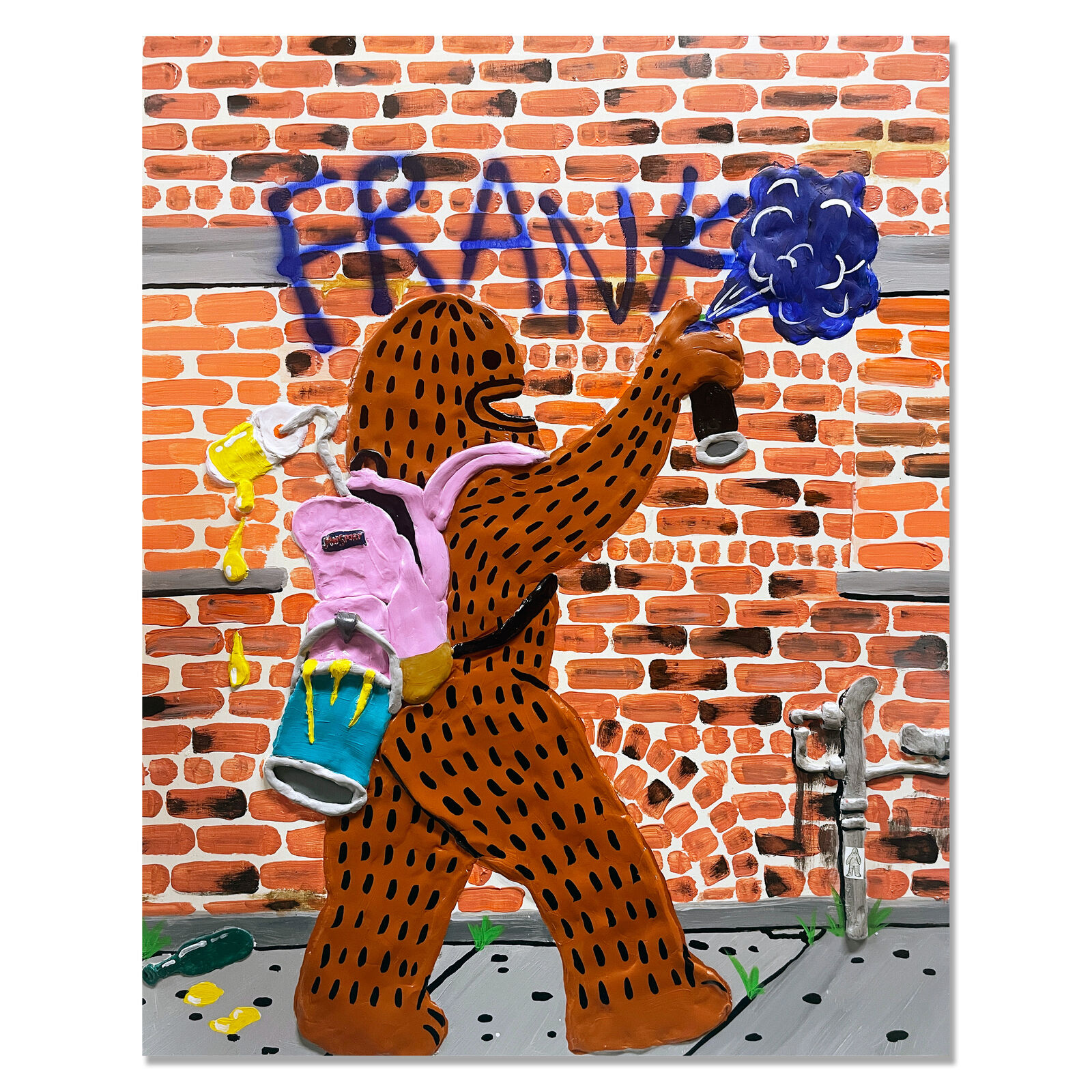 A painting of a bear spraying graffiti on a brick wall.