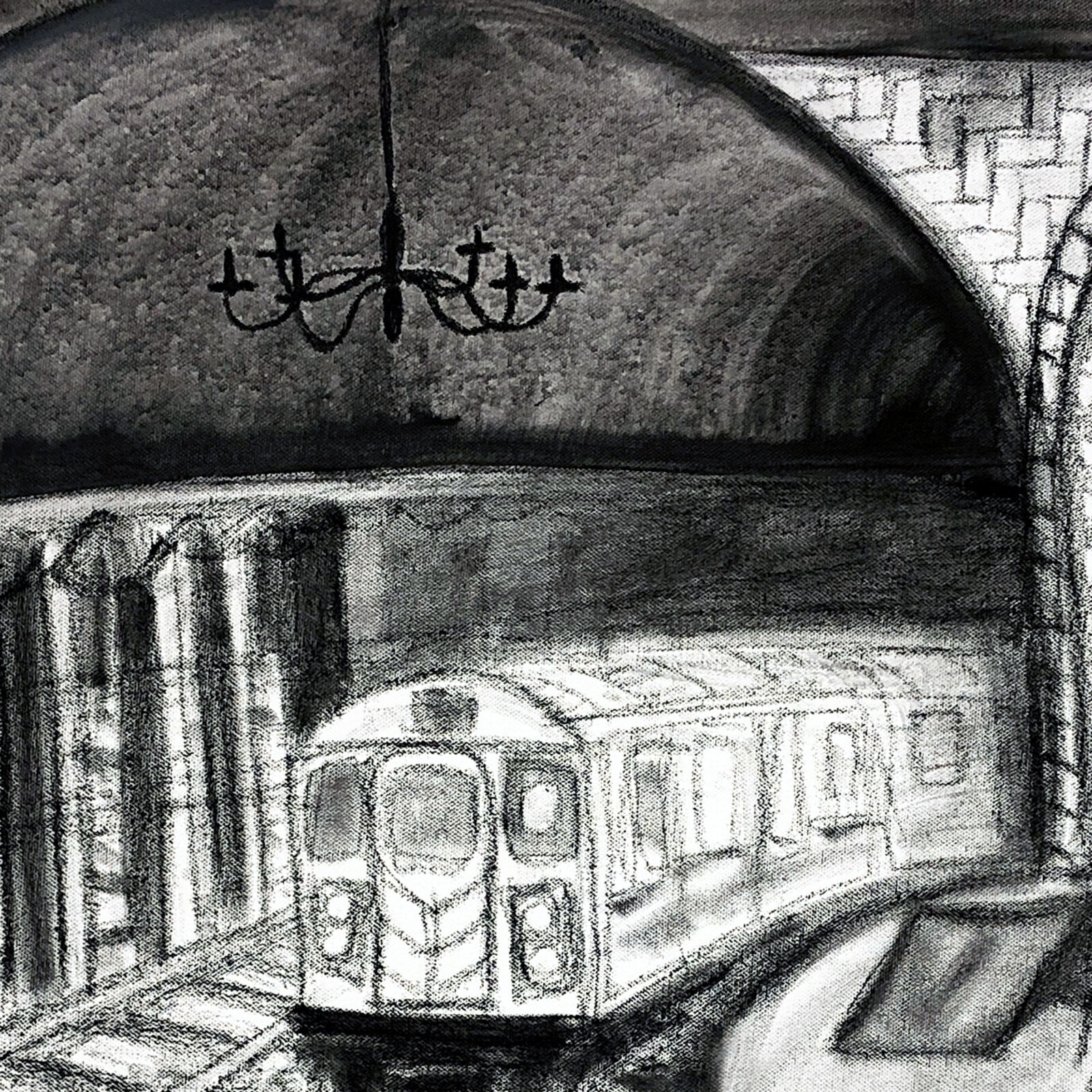 A black and white drawing of a subway station.