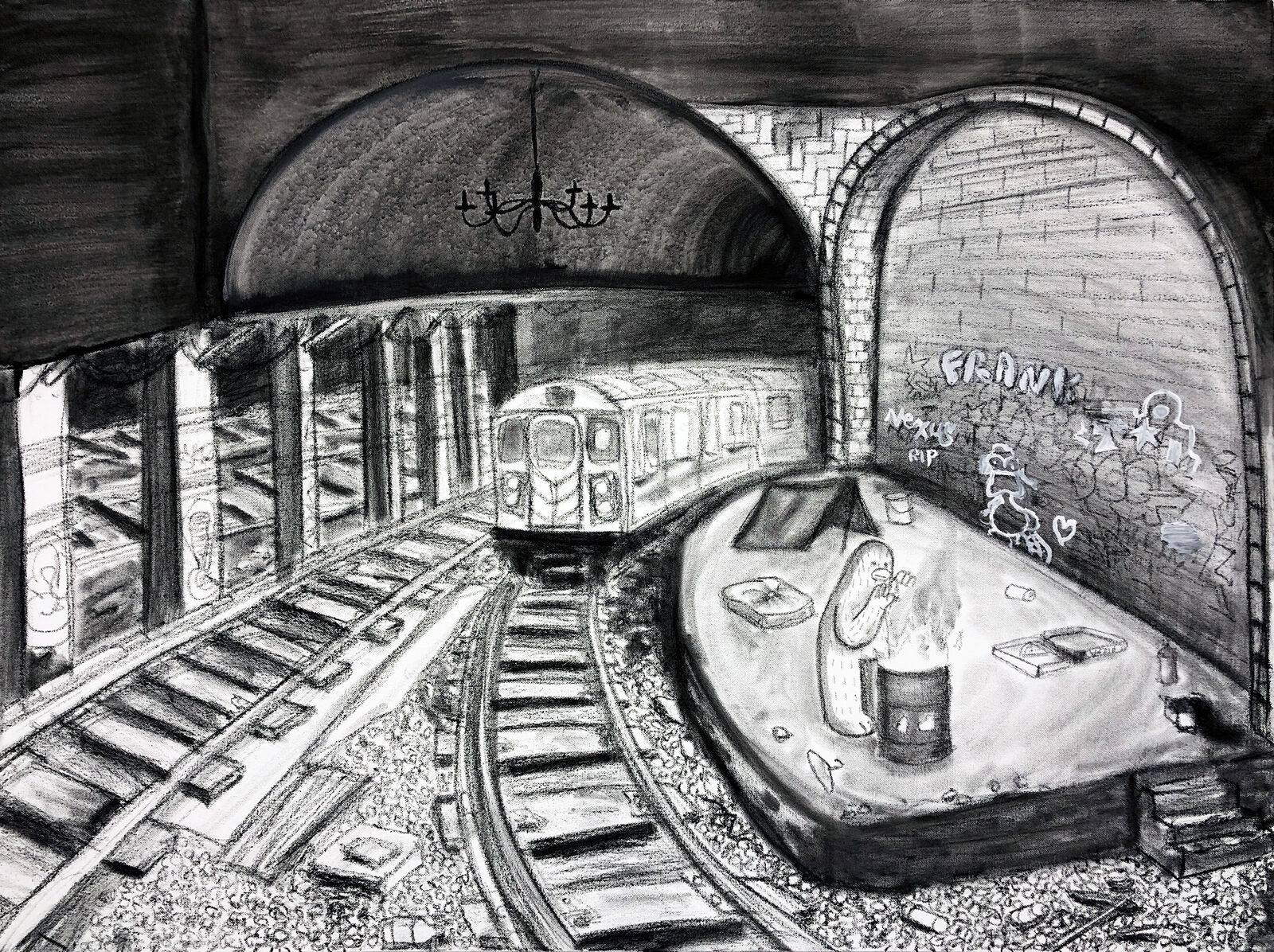 A black and white drawing of a subway station.