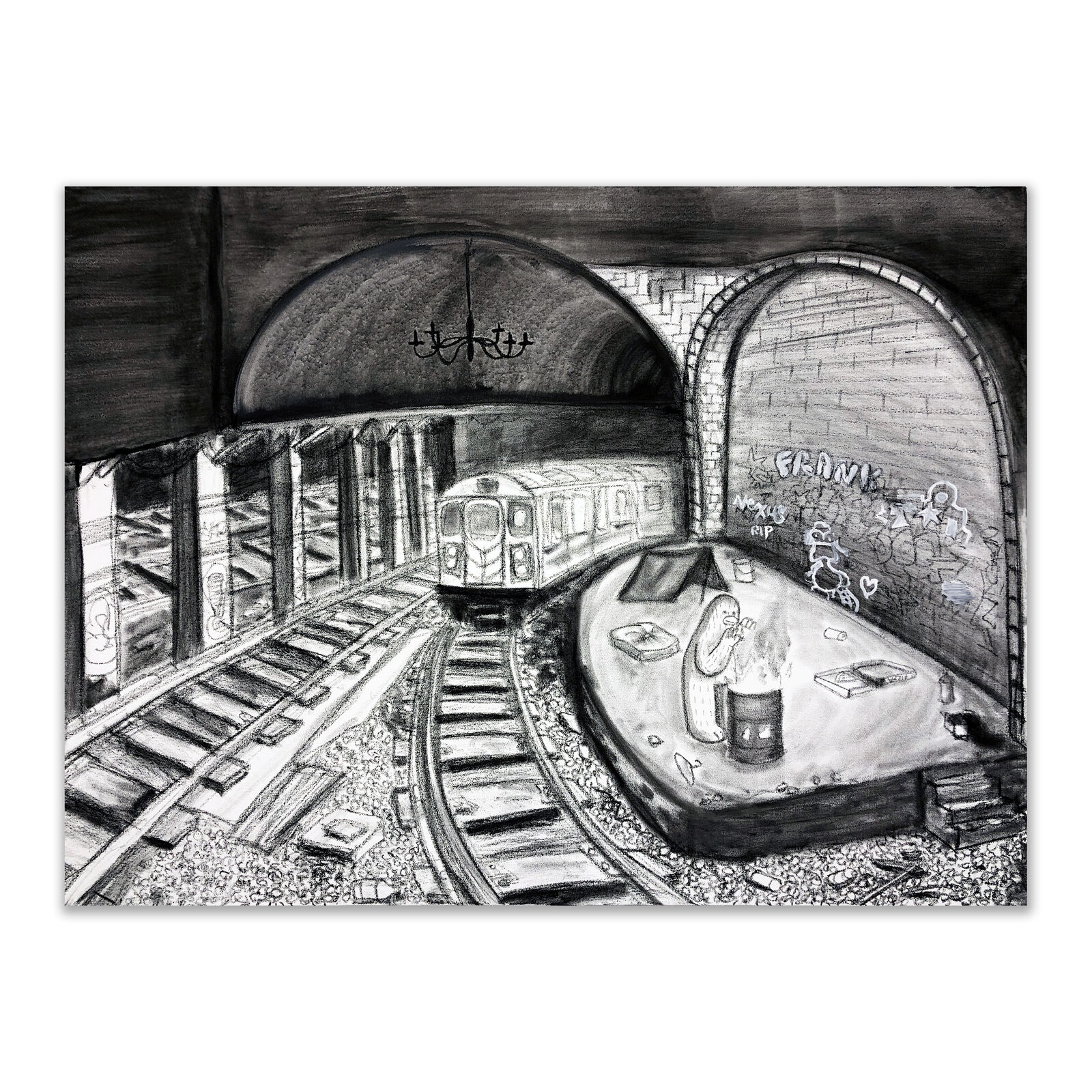 A black and white drawing of a subway station.