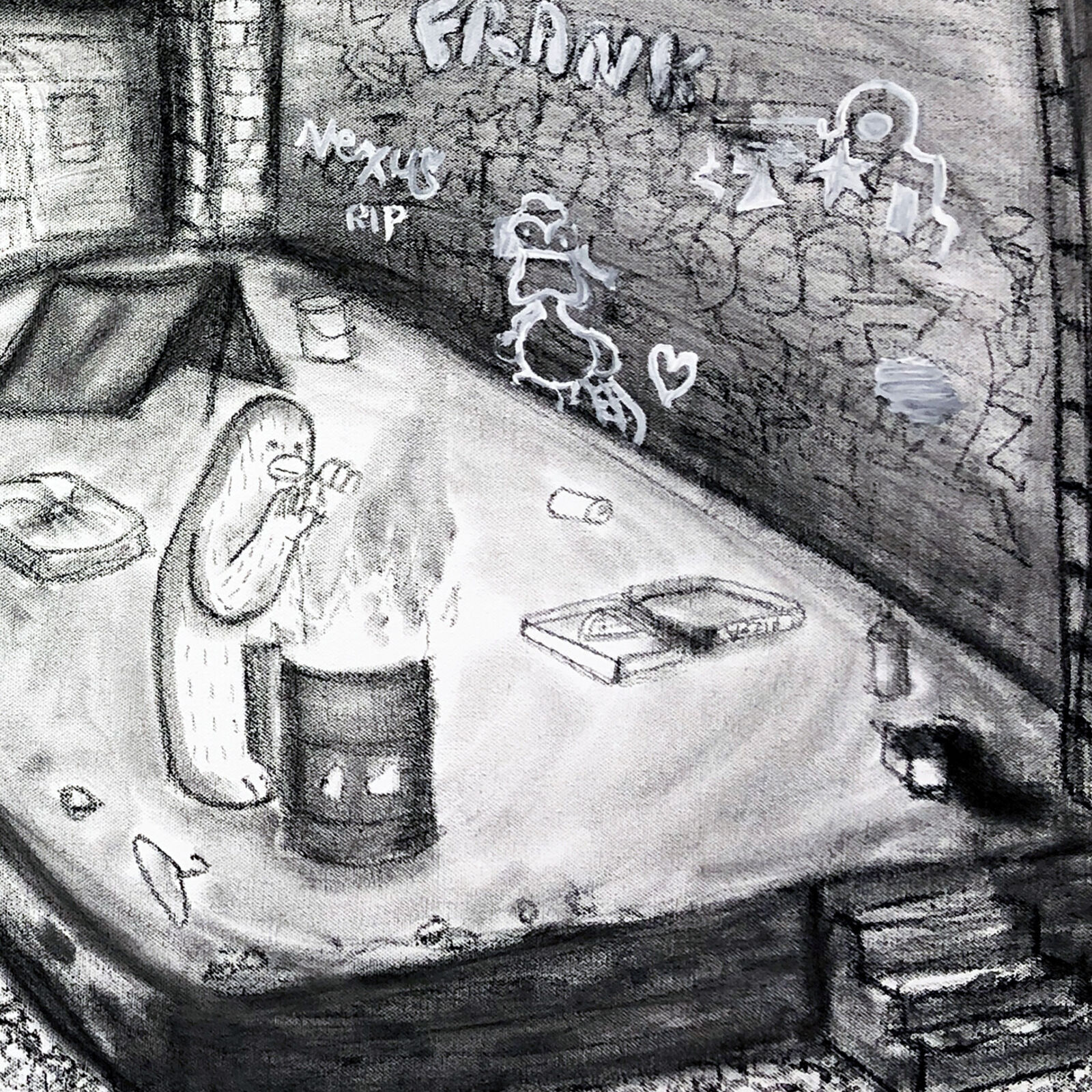 A black and white drawing of a subway station.