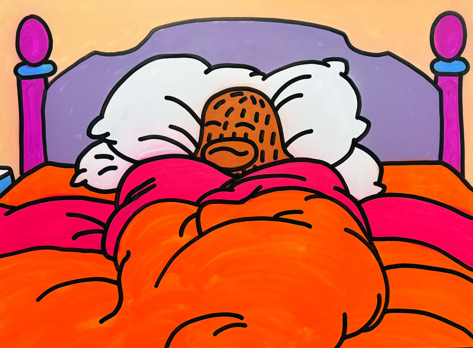 A painting of a person sleeping in bed with a pillow.