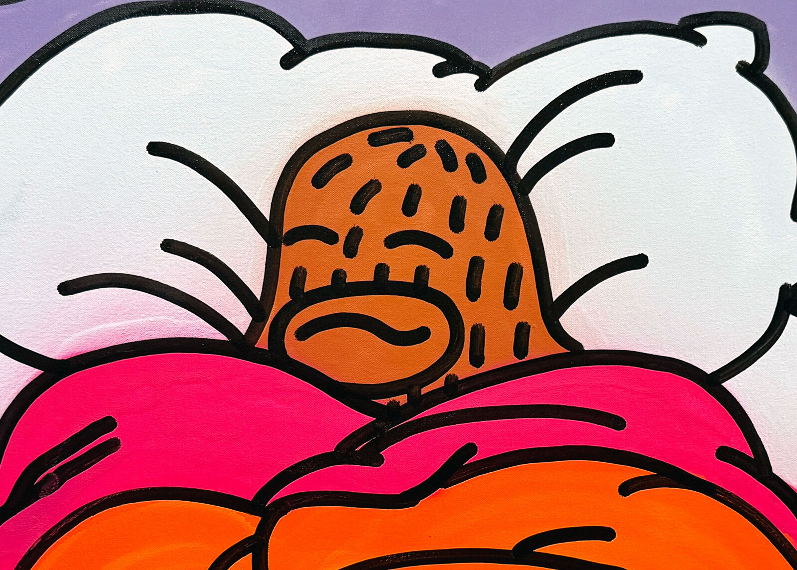 A painting of a person sleeping in bed with a pillow.