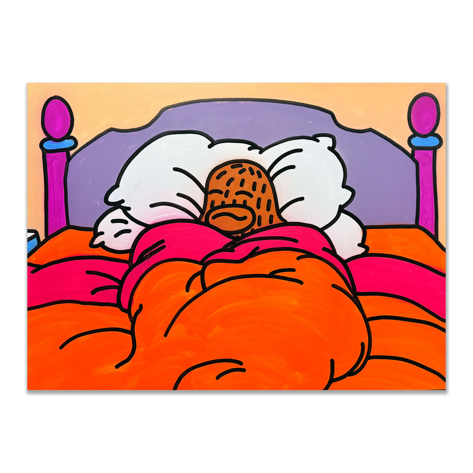 A painting of a person sleeping in bed with a pillow.