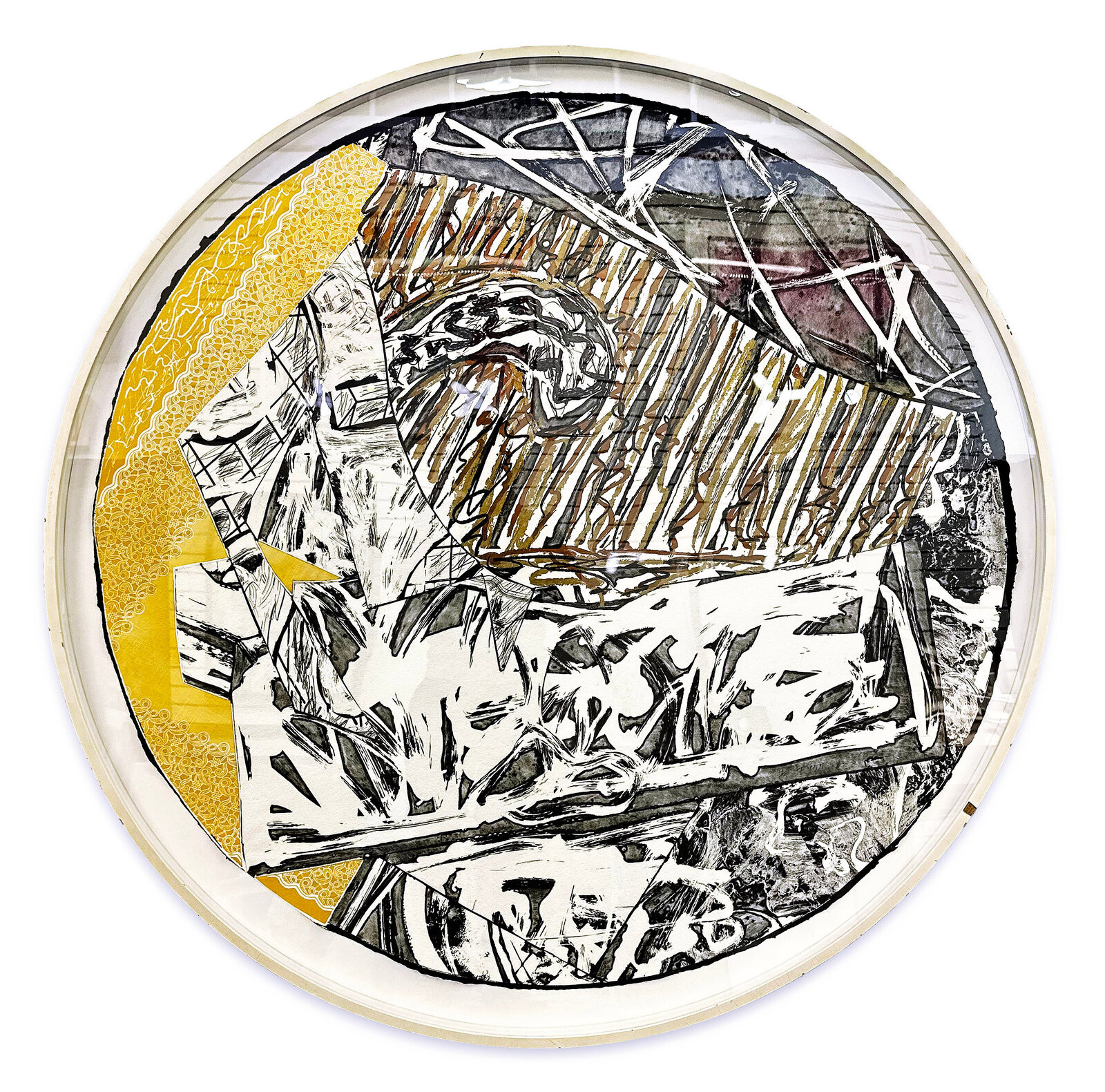 A circular collage featuring a reclining figure amidst chaotic geometric shapes and textured patterns.