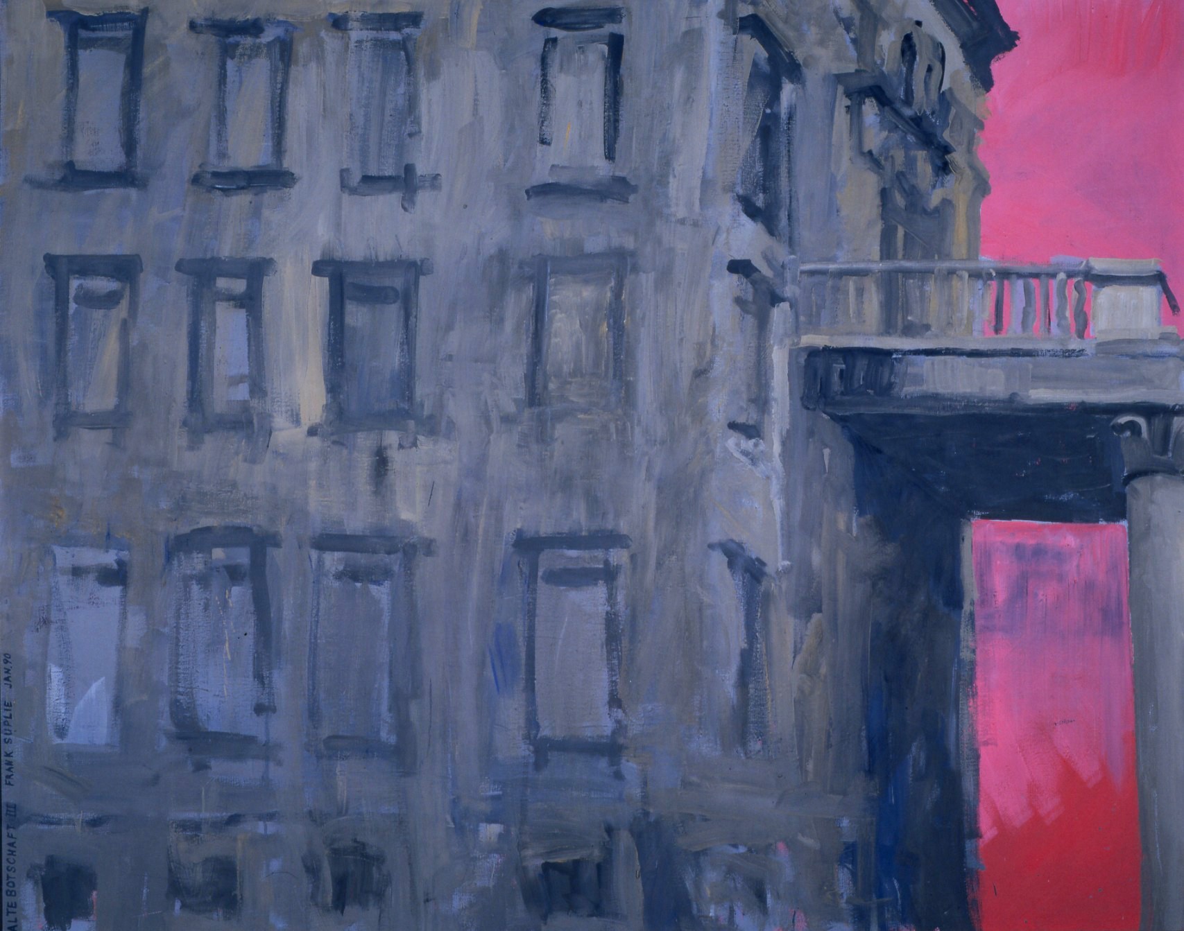 A painting of a building with a red door.