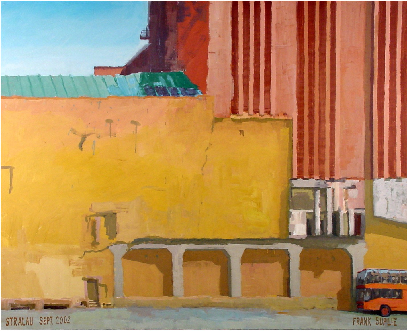 A painting of a yellow building with a red bus in front of it.