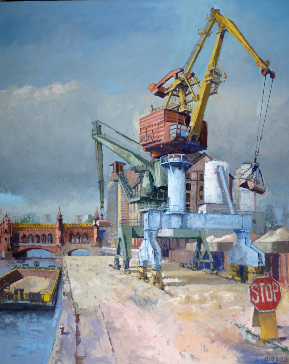 A painting of a large crane on a dock.