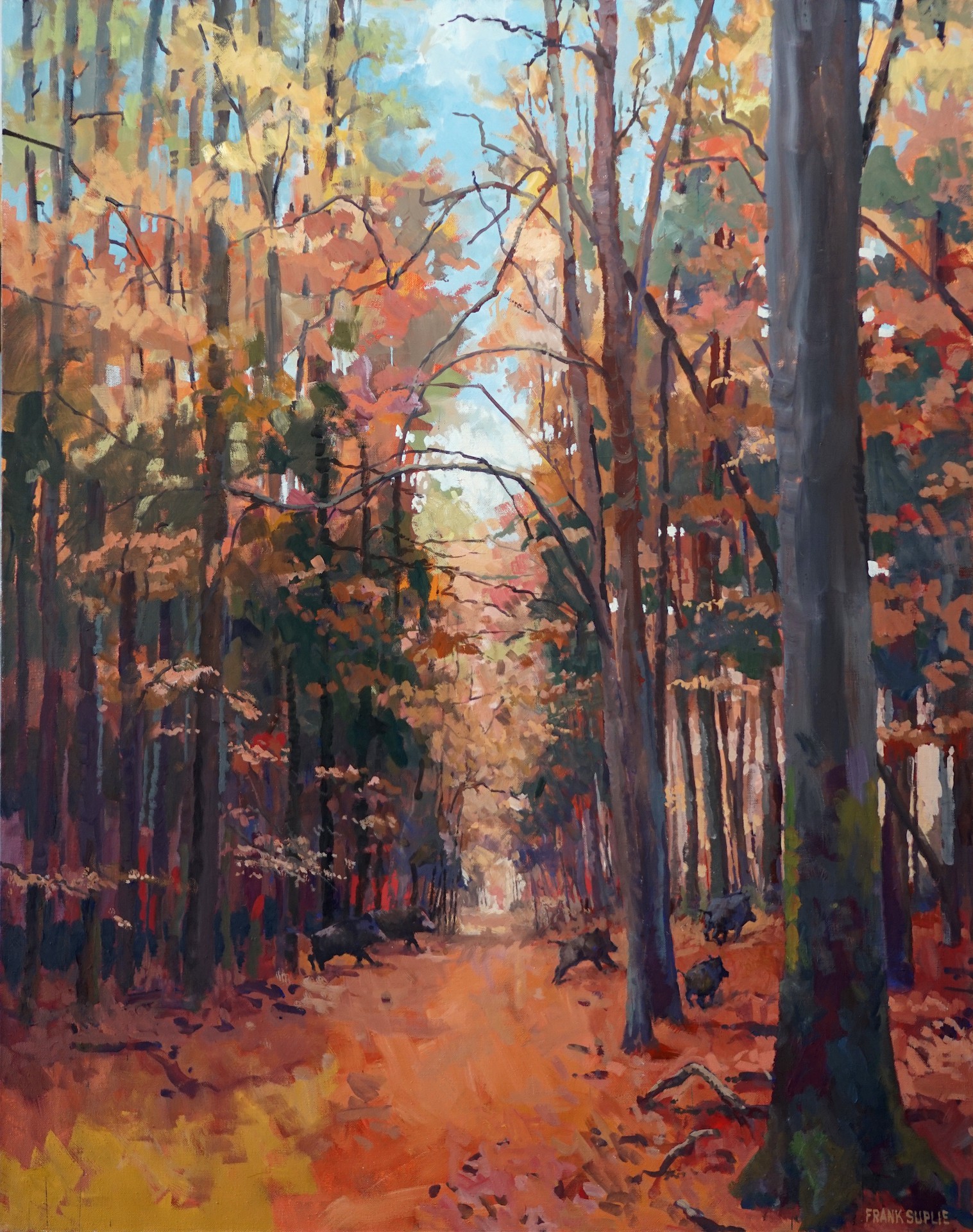 A painting of a wooded area with trees in the background.