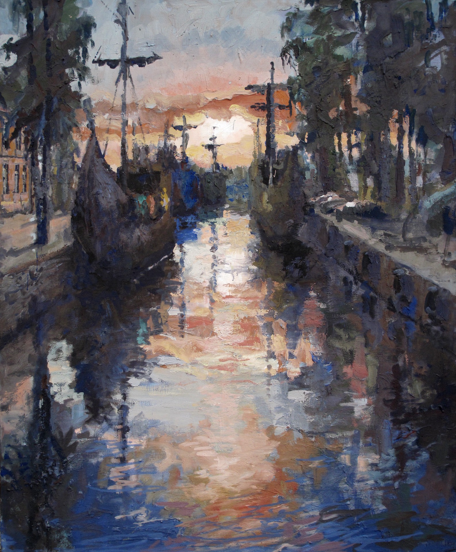 A painting of a canal in a city at sunset.