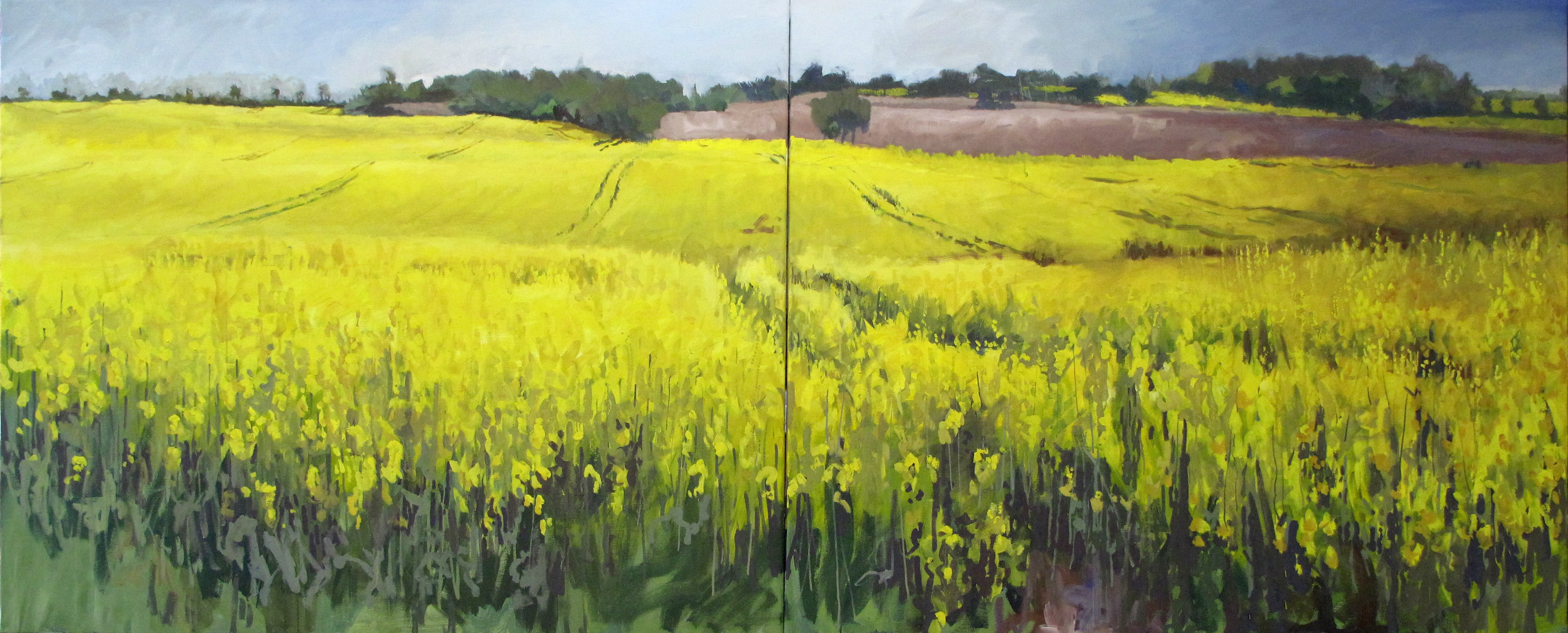 A painting of a field of yellow flowers with trees in the background.