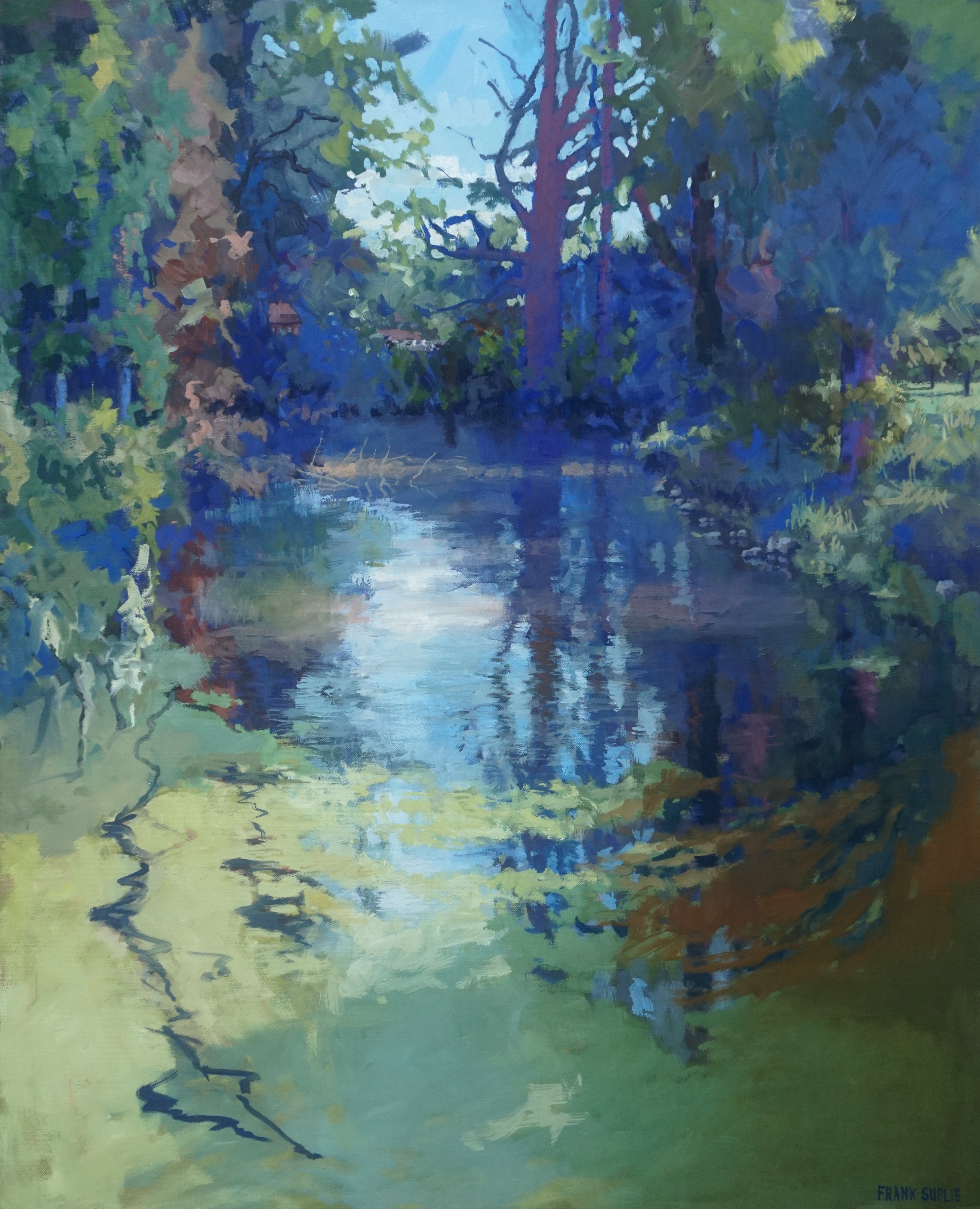 A painting of a river in the woods. 