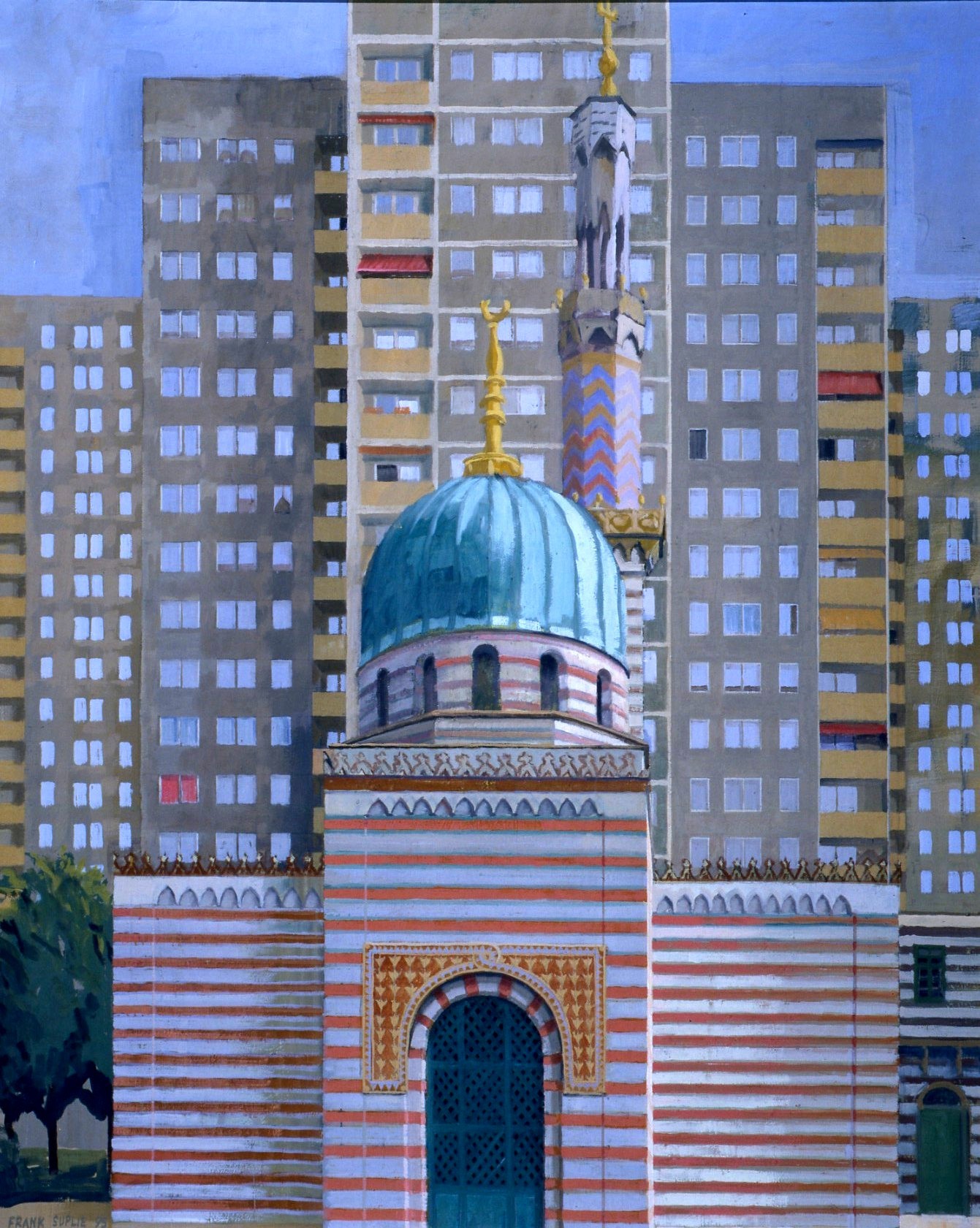 A painting of a building with a green dome on top.