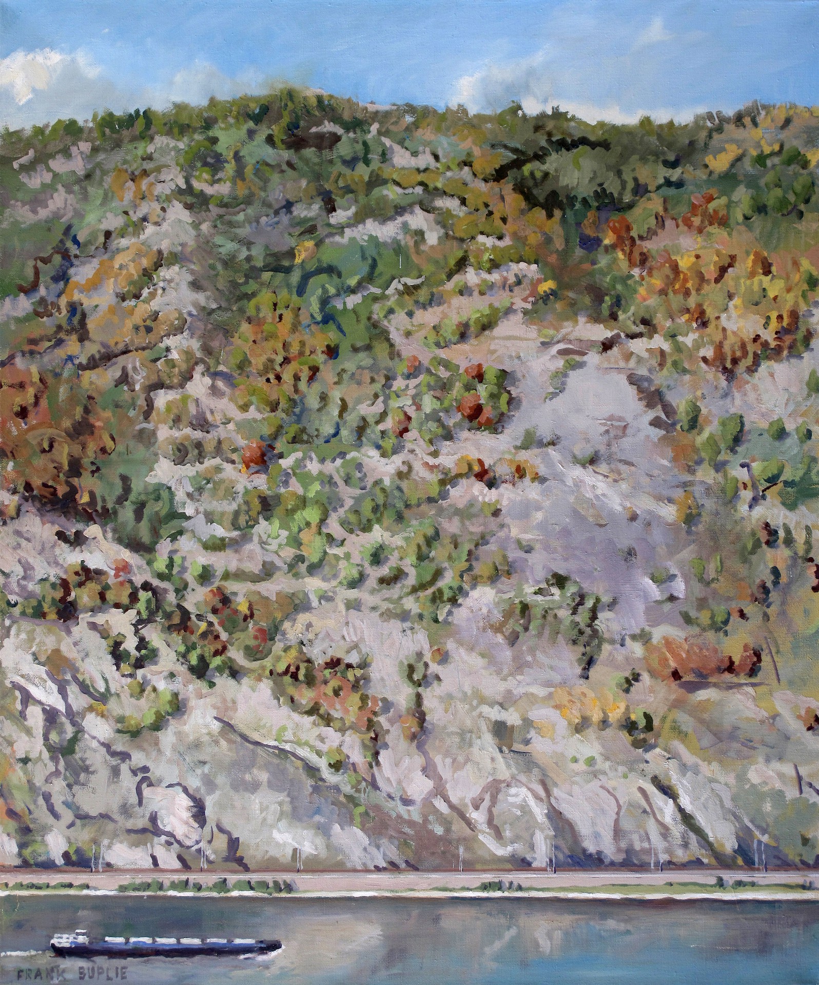 A painting of a boat on a body of water near a mountain.