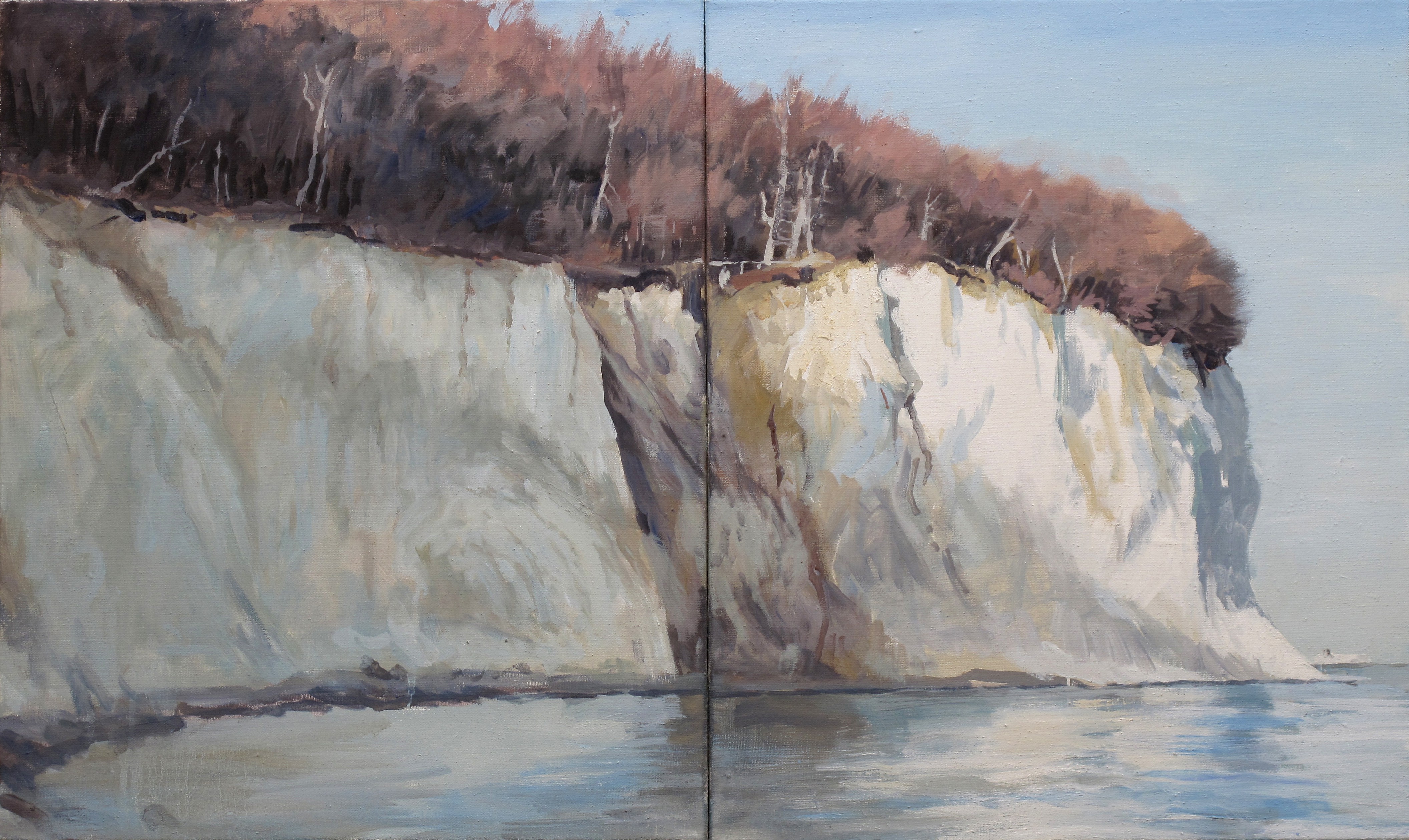A painting of a cliff with trees on top of it.