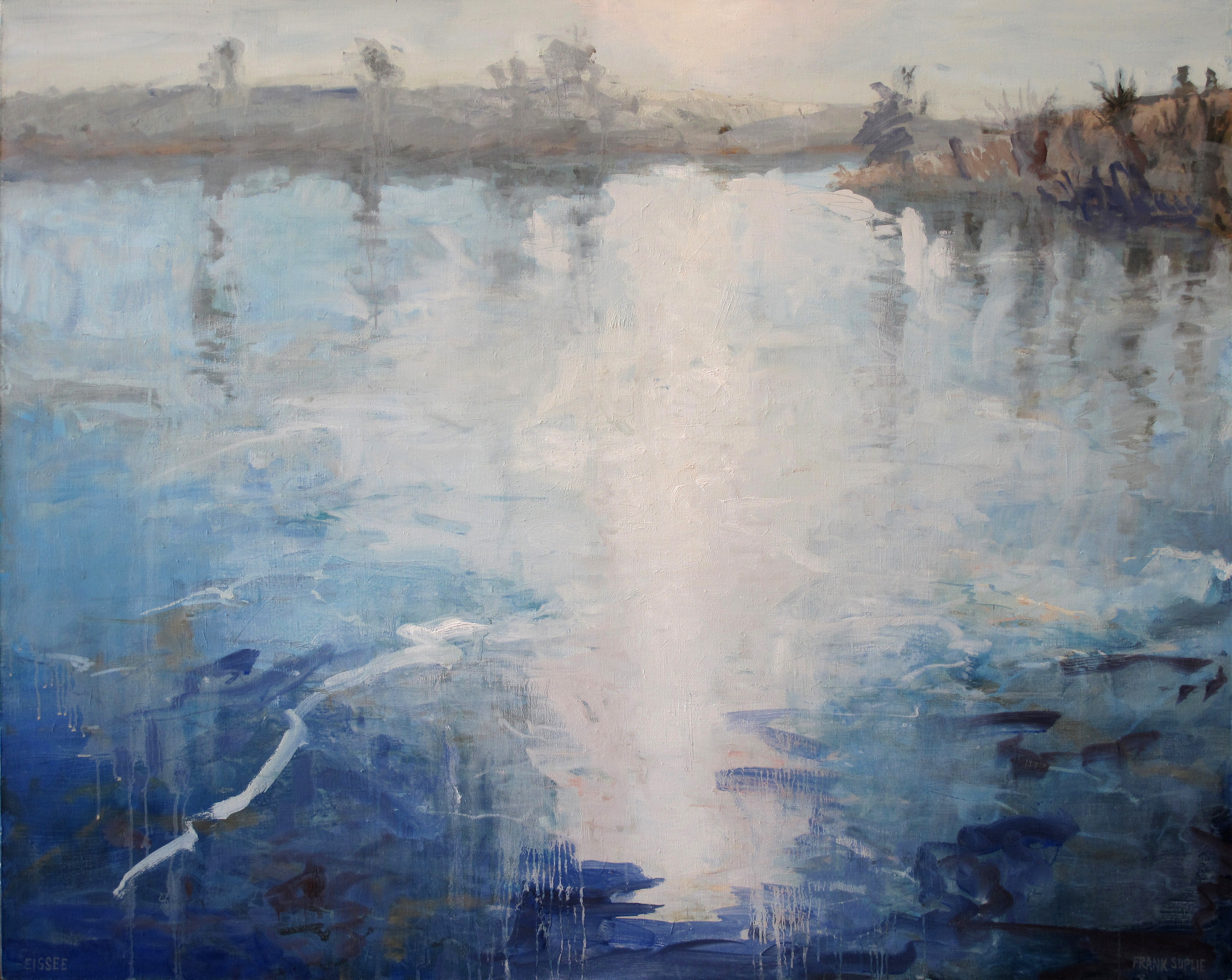 A painting of a waterfall in the middle of a lake.