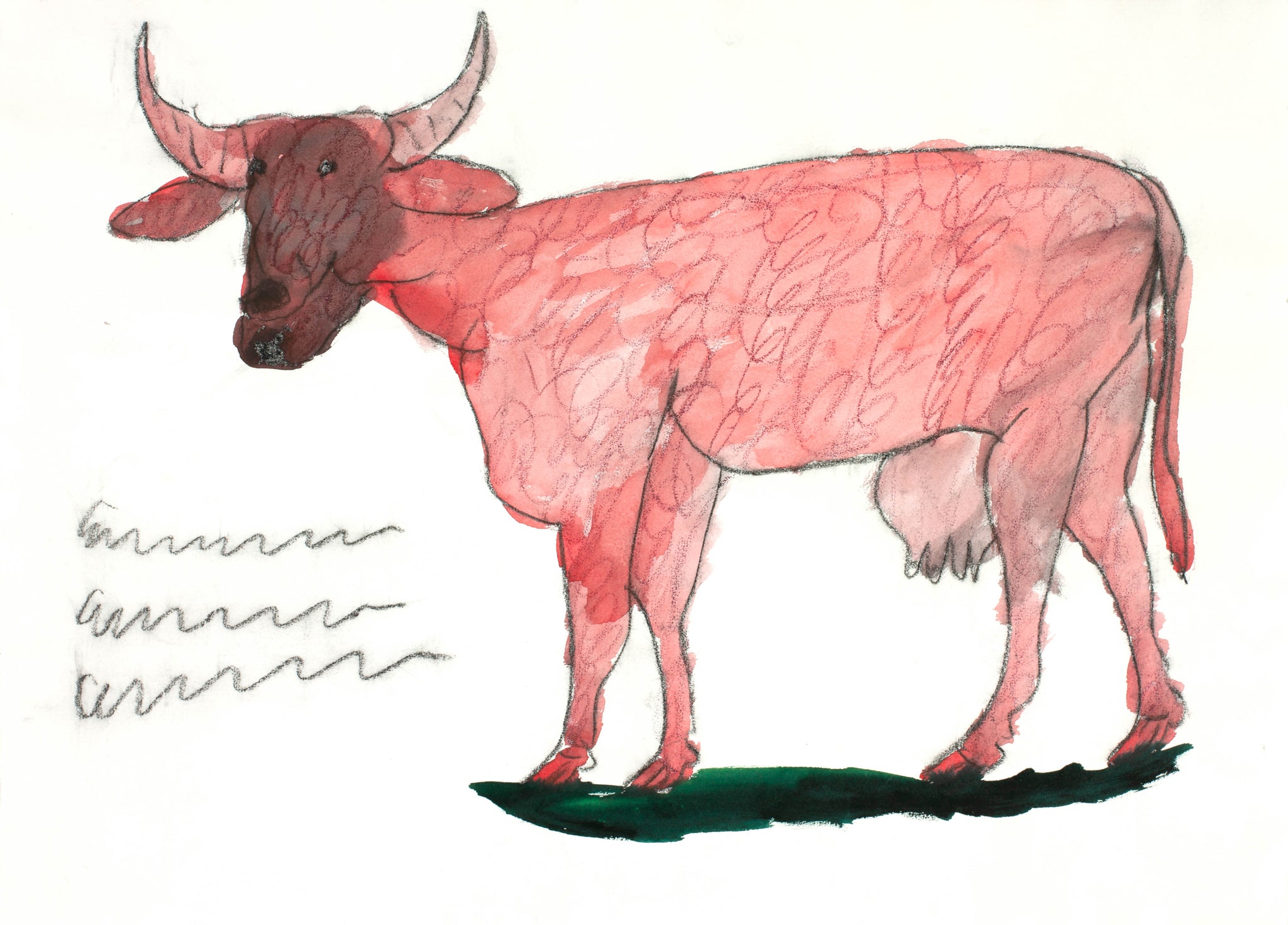 A drawing of a pink cow standing on a green field.