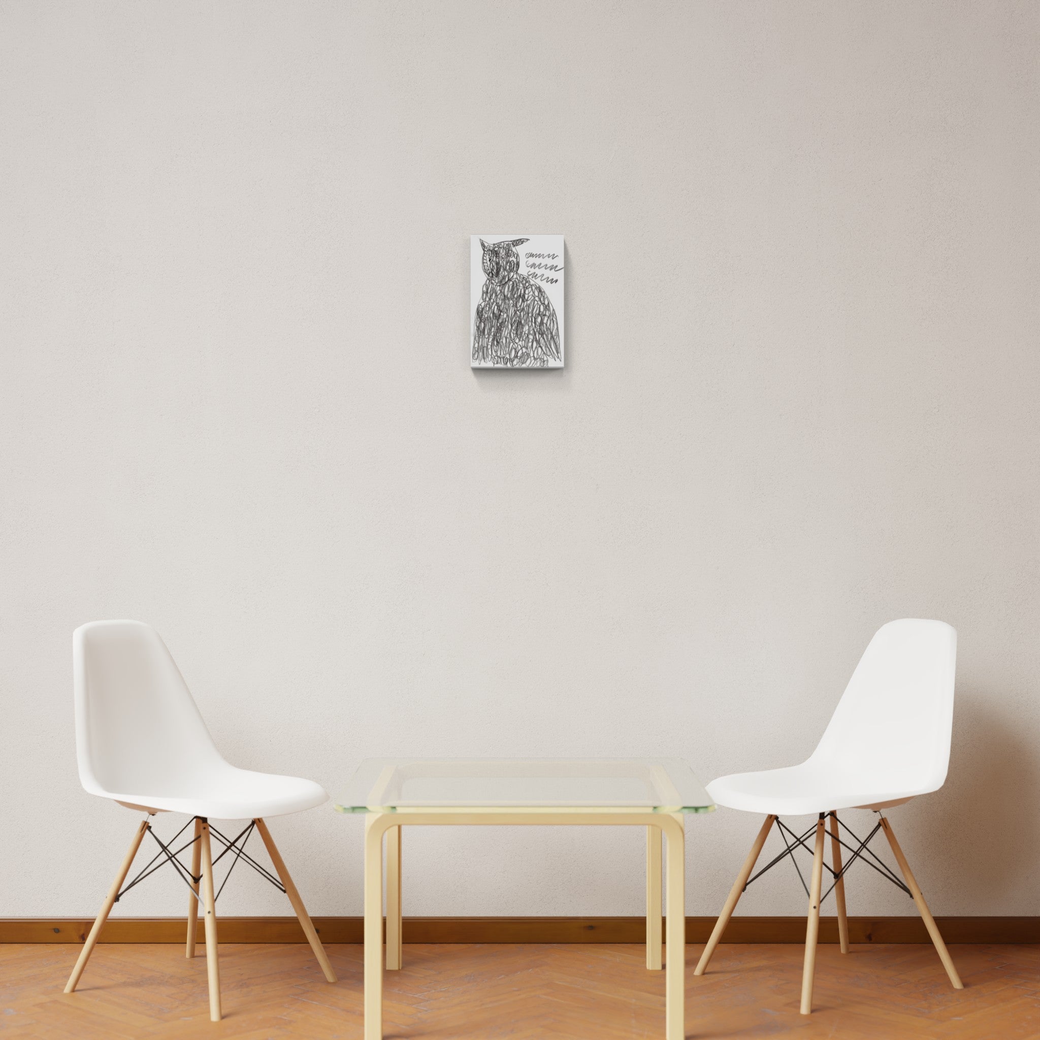 A drawing of an owl sitting on top of a table.