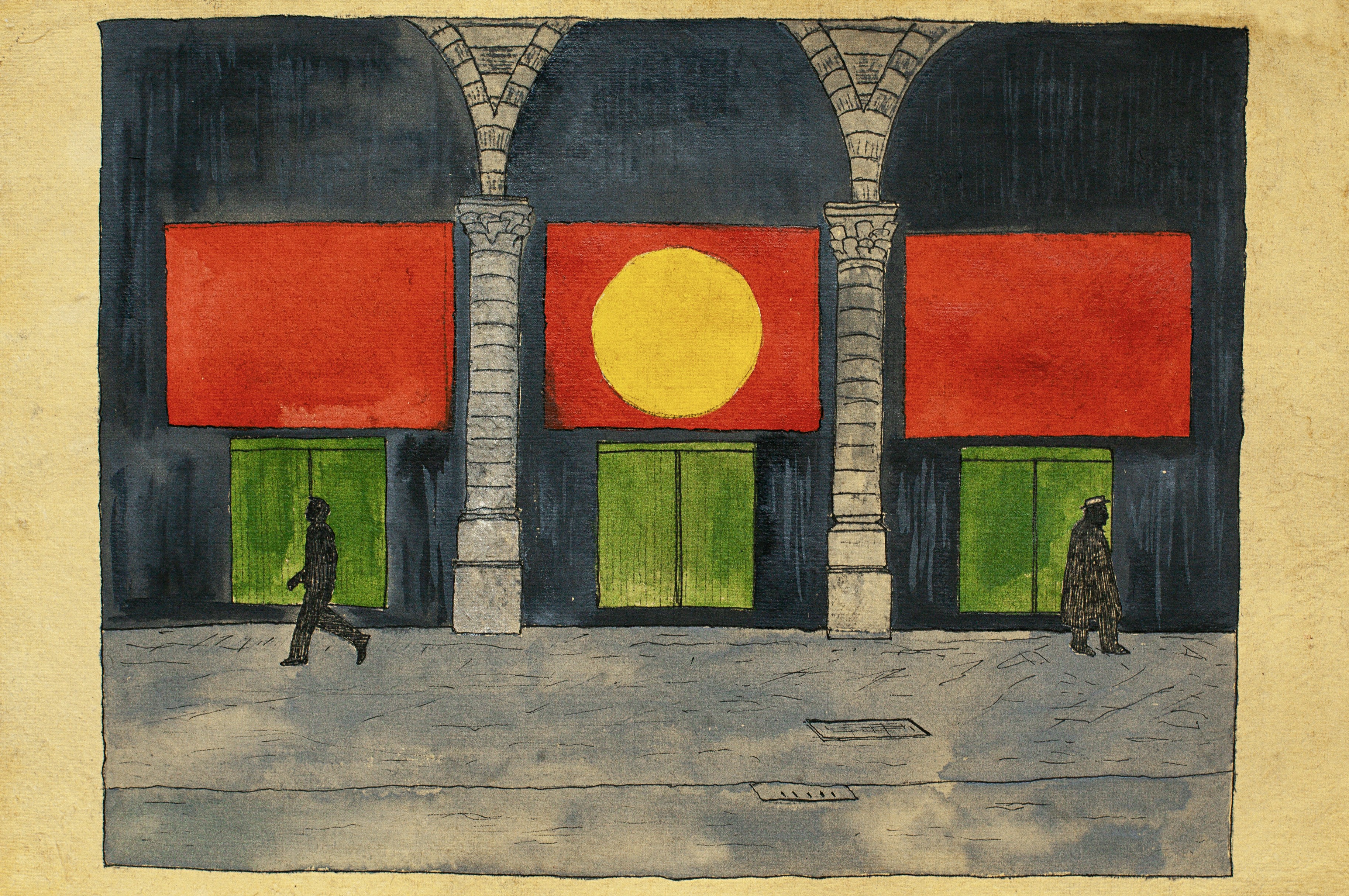 A drawing of two people walking in front of a building.
