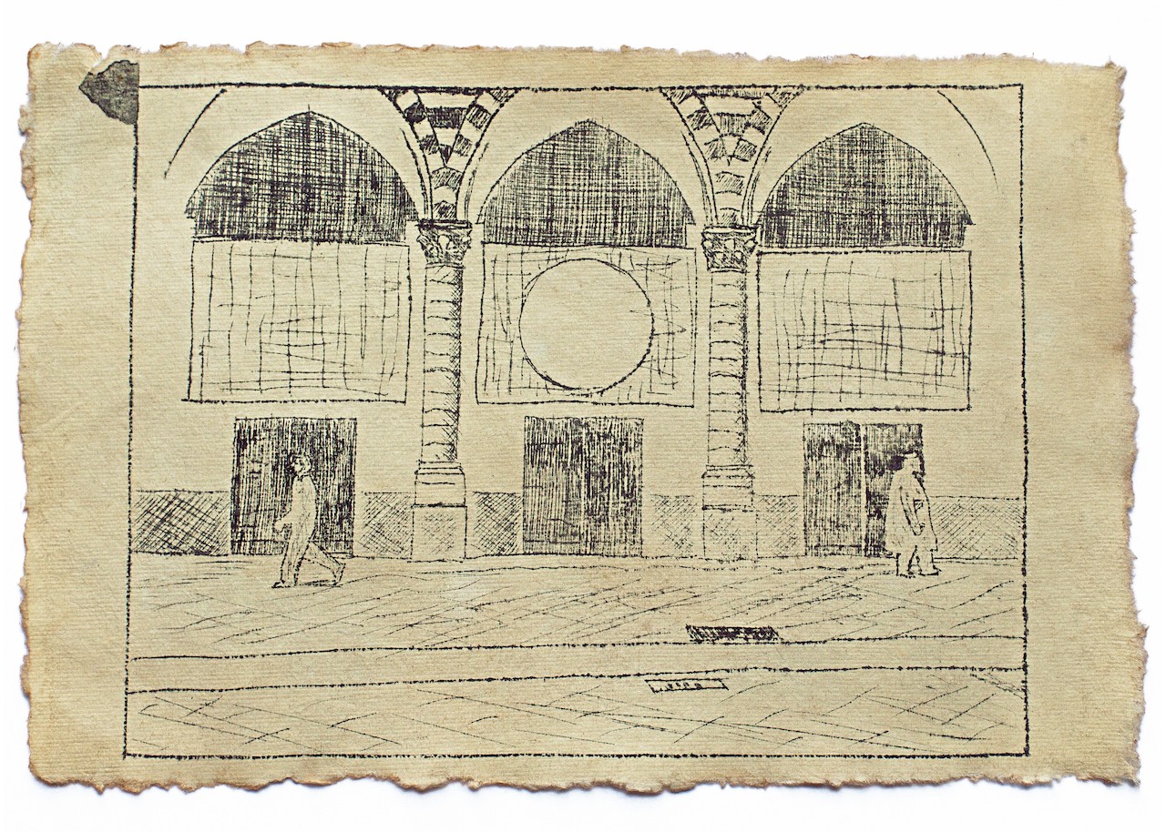 A drawing of a building with arches and pillars.