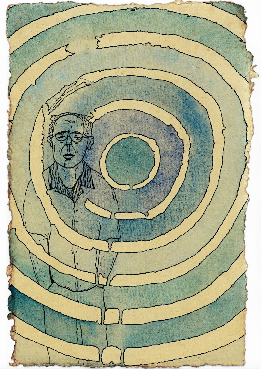 A drawing of a man standing in front of a circular maze.