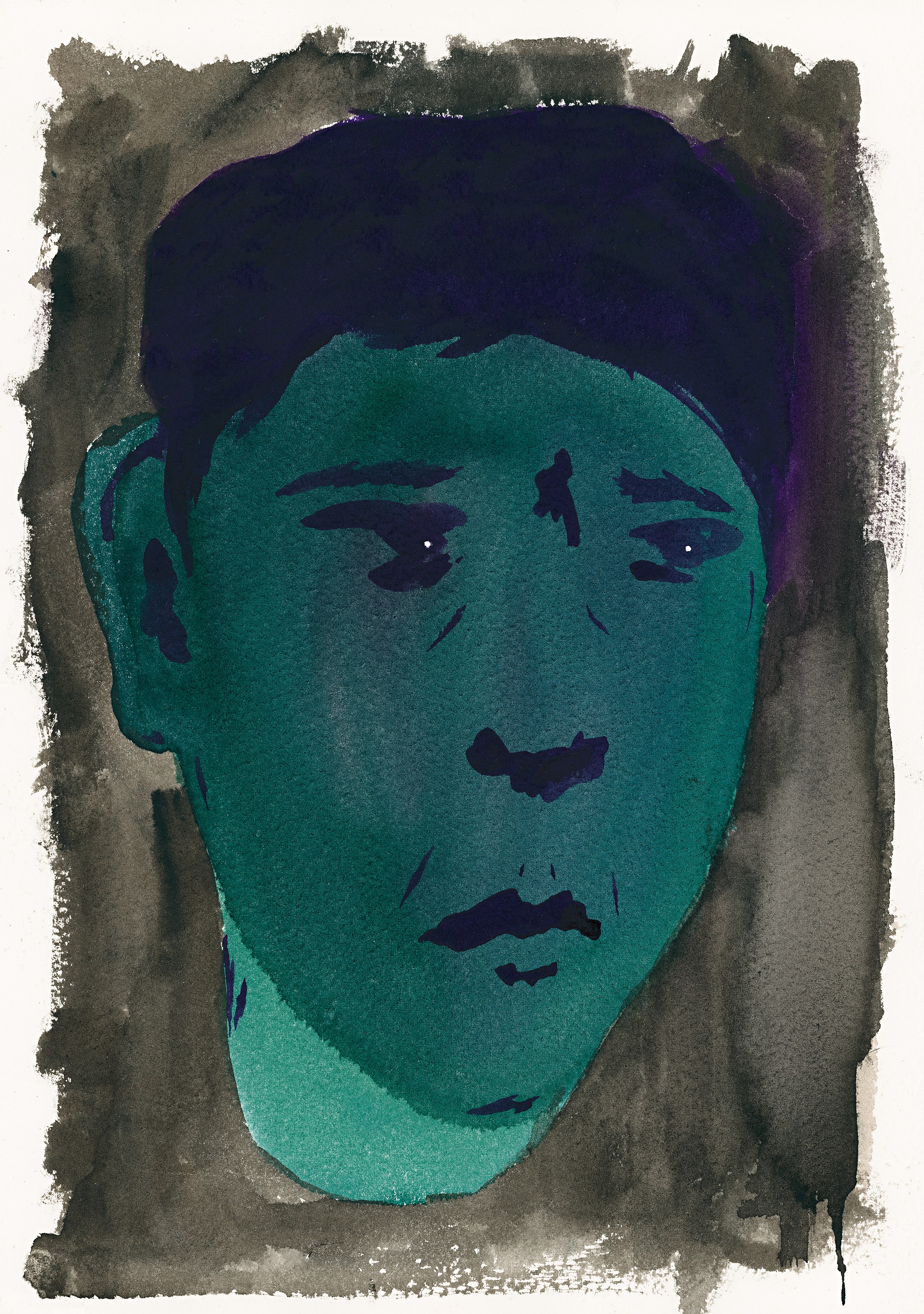 A watercolor painting of a man's face on a white background.
