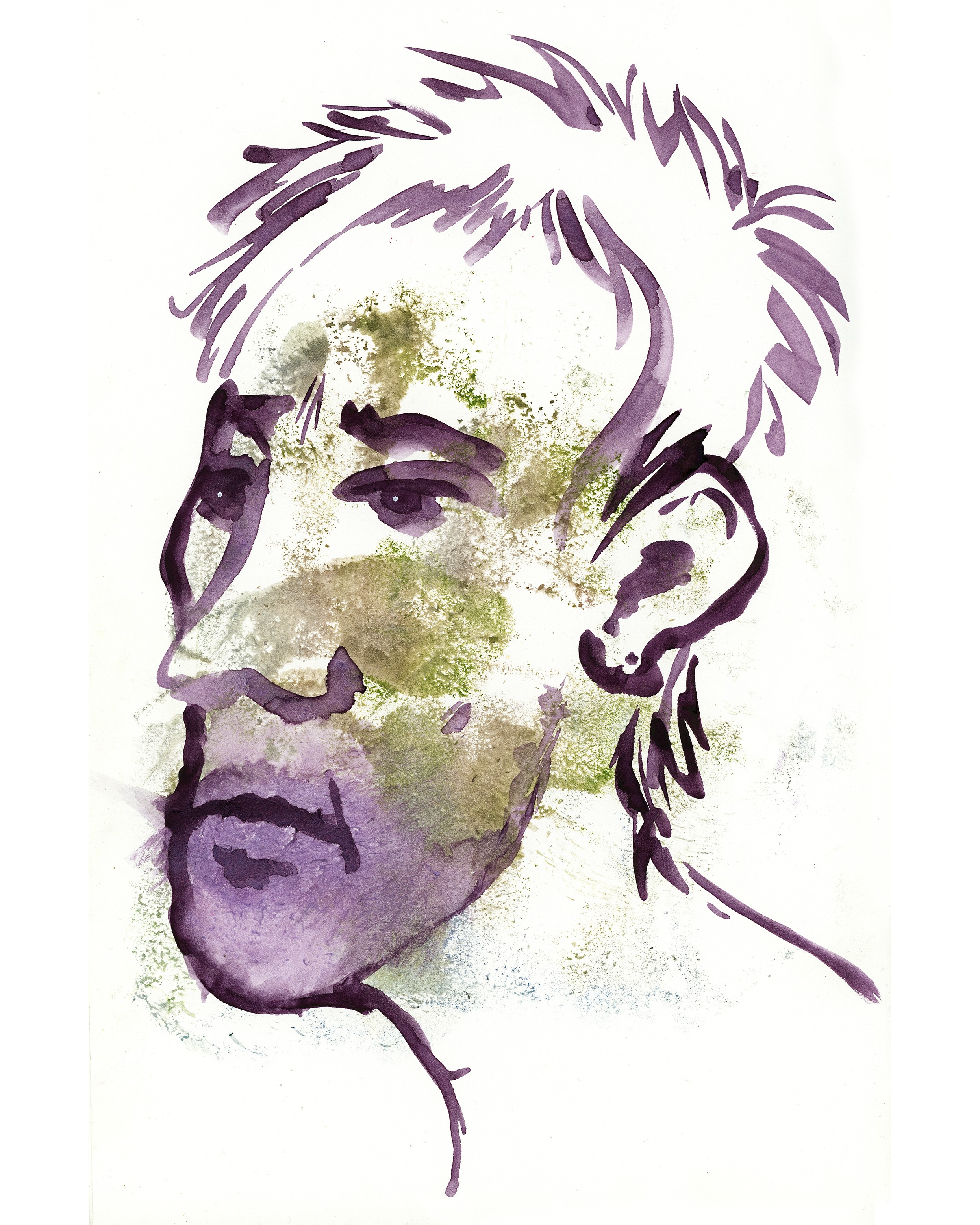 A watercolor painting of a man's face in purple and green.