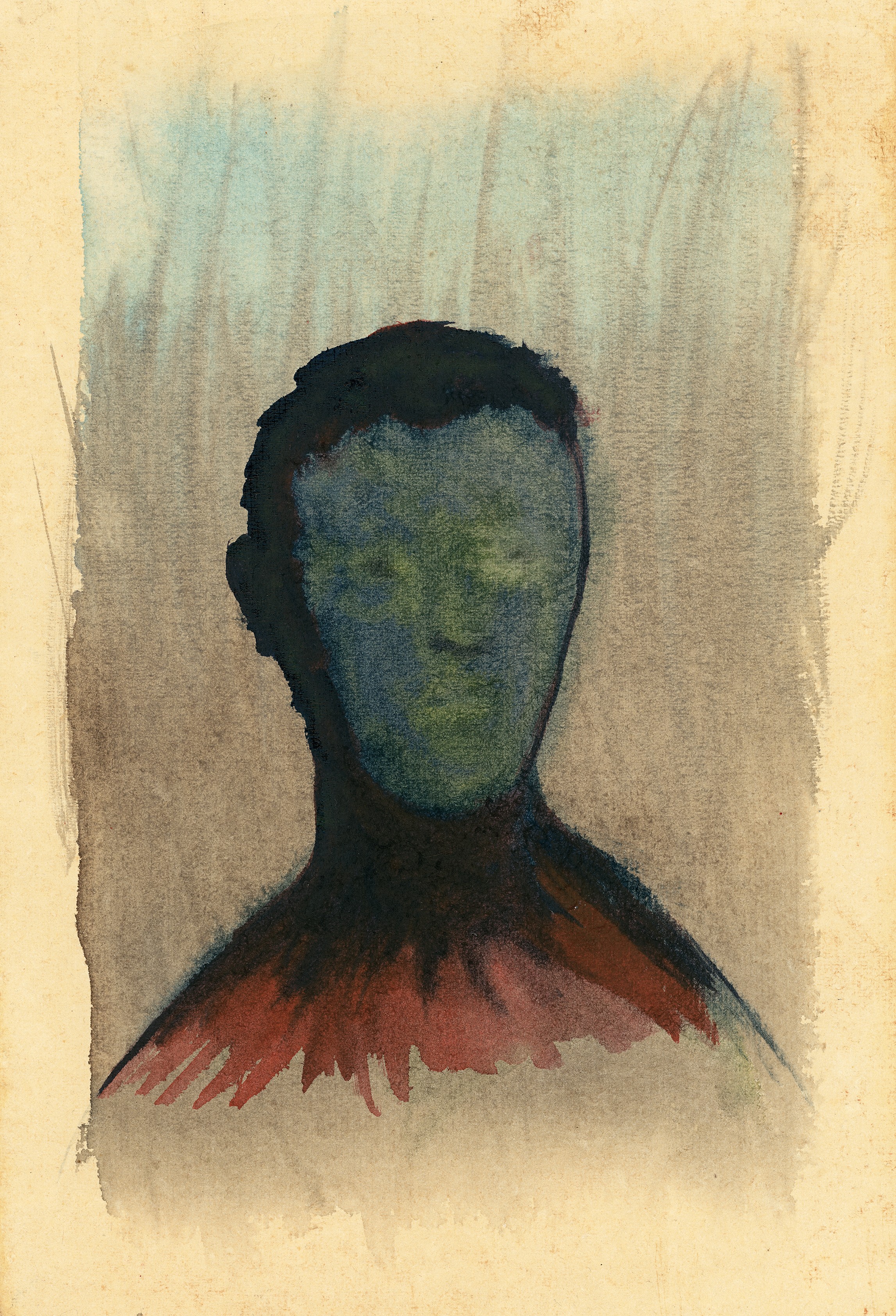 A watercolor painting of a man's head with a red collar.