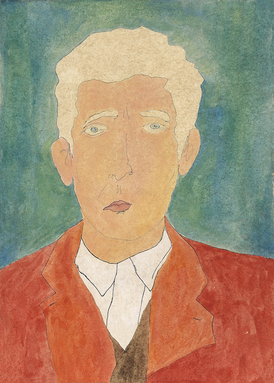 A painting of a man in a red jacket and tie.
