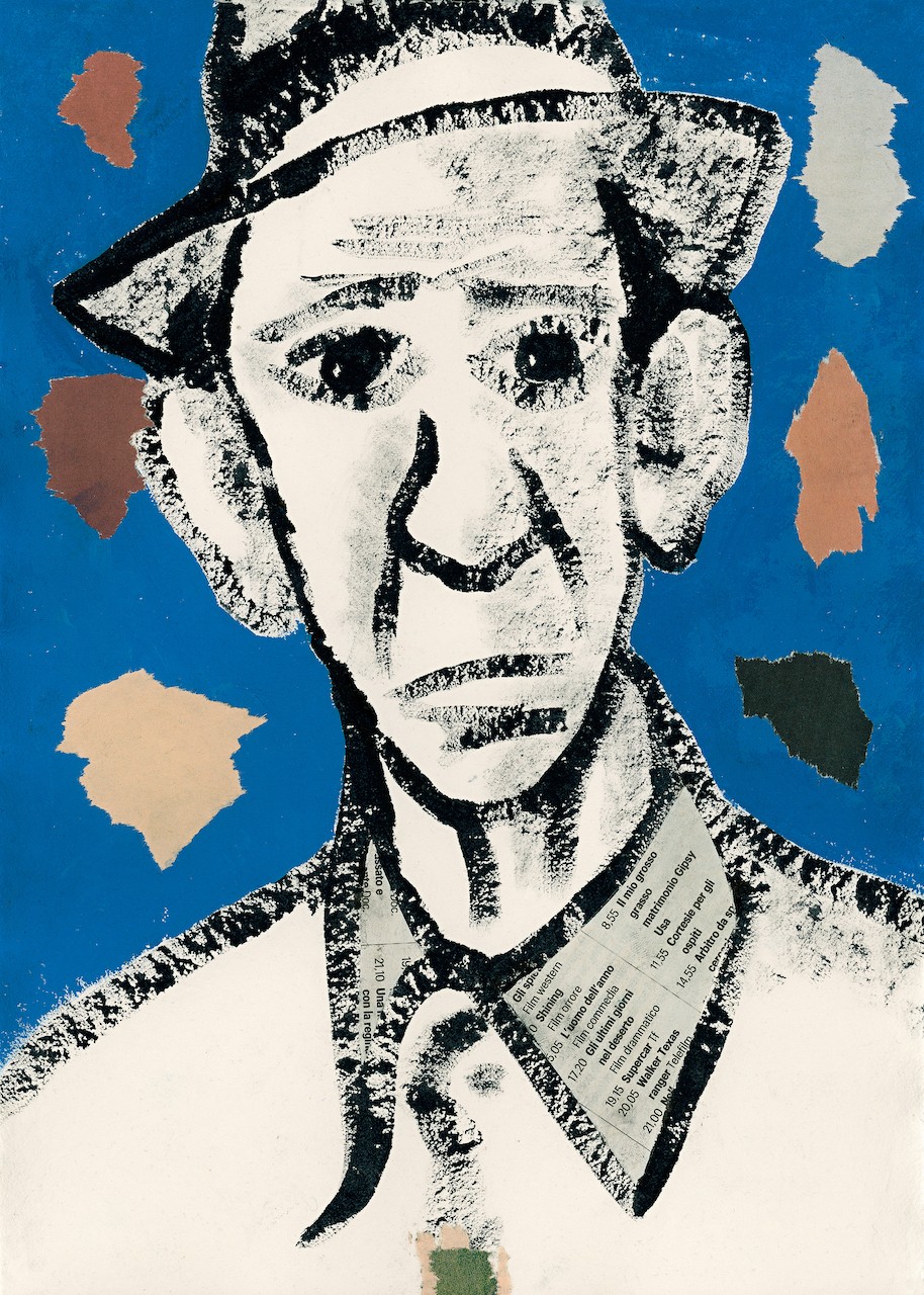 A drawing of a man wearing a hat and tie.