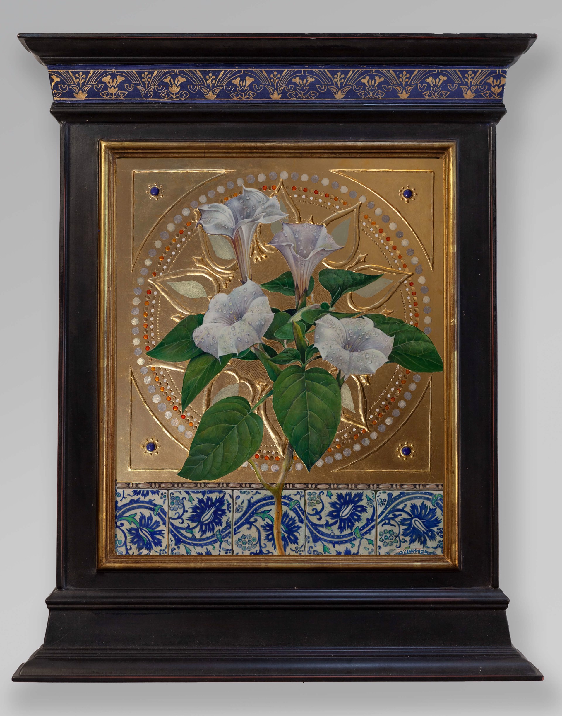 A botanical illustration of white morning glory flowers set against a golden geometric background with blue and white tiles.