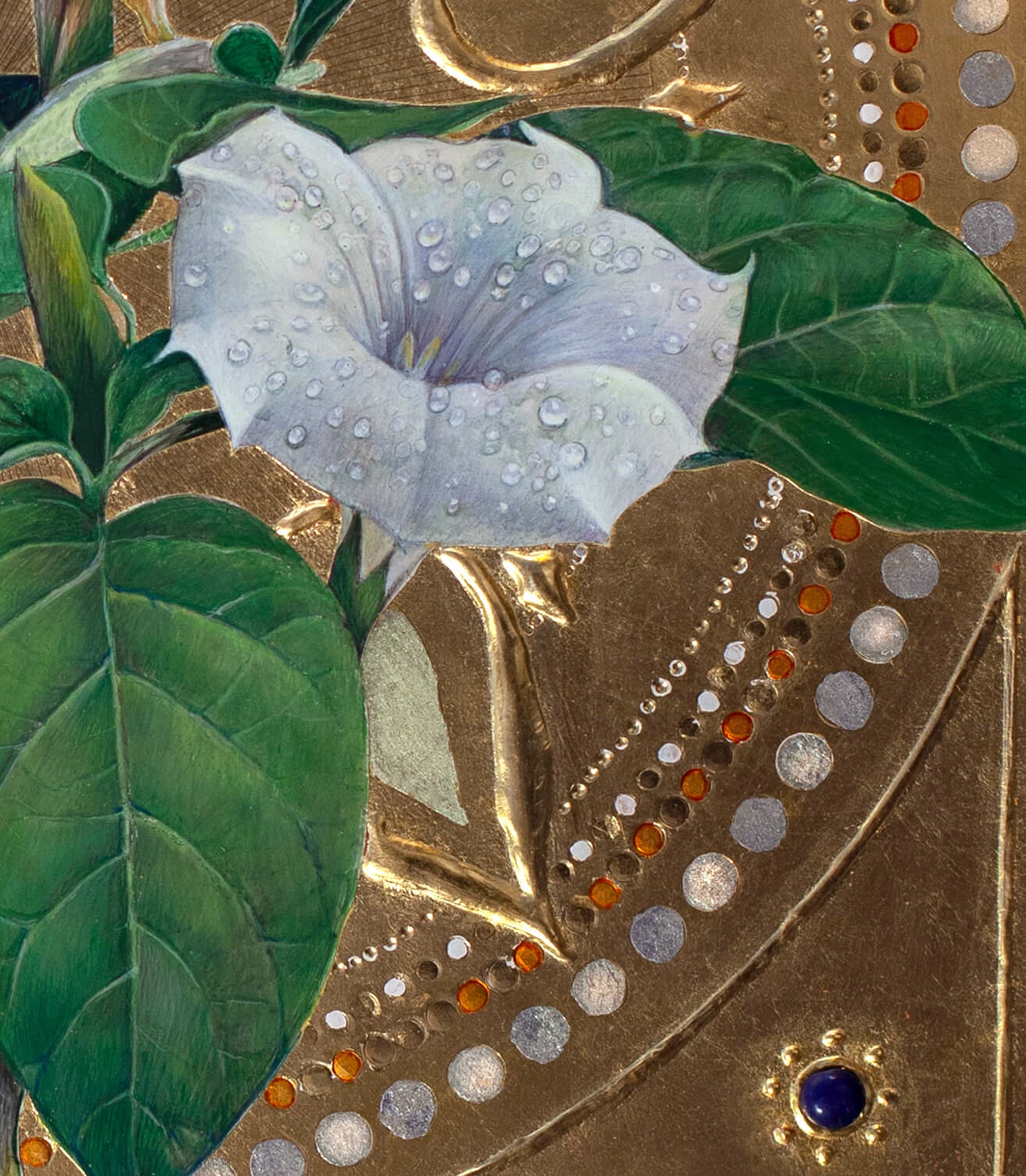 A botanical illustration of white morning glory flowers set against a golden geometric background with blue and white tiles.
