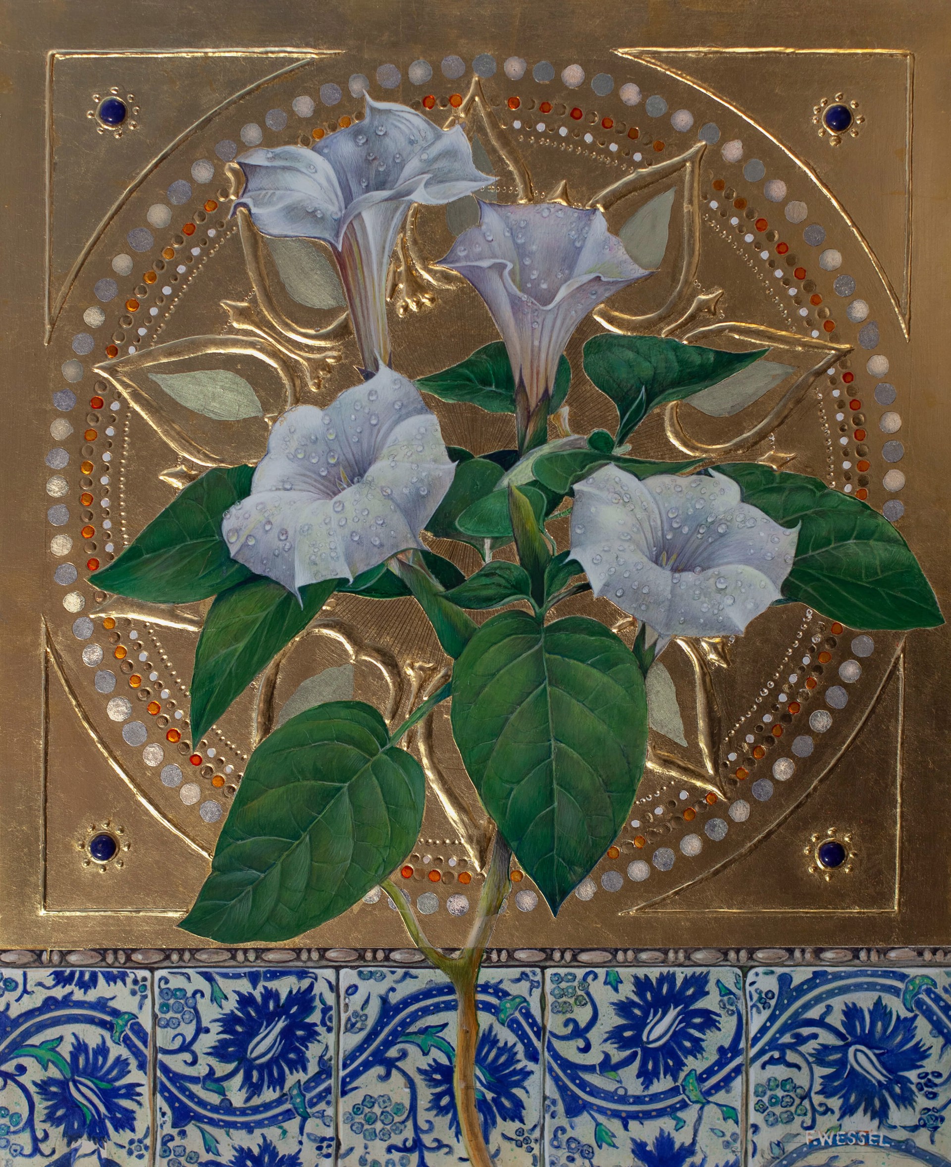 A botanical illustration of white morning glory flowers set against a golden geometric background with blue and white tiles.