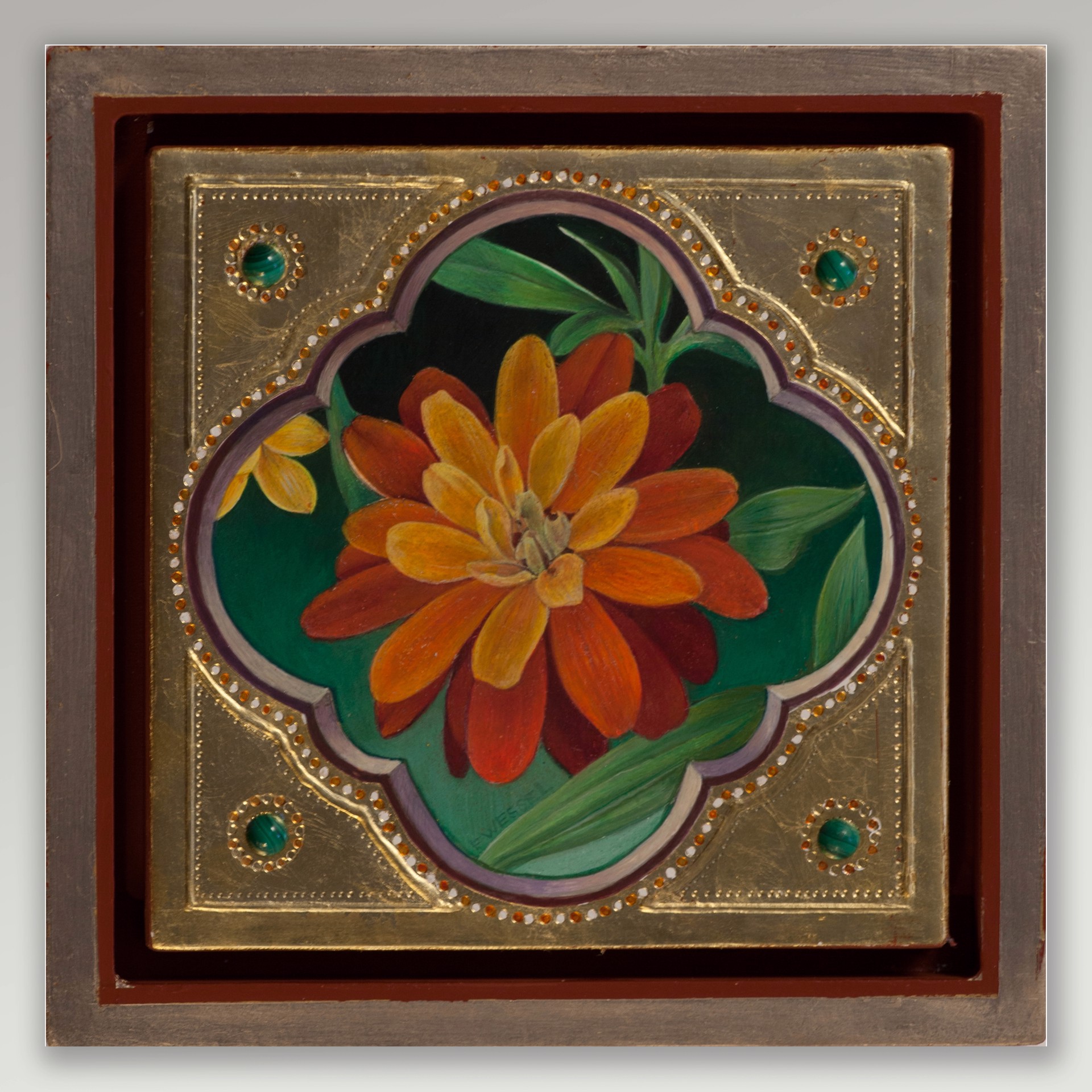 A painting of a flower on a green background.
