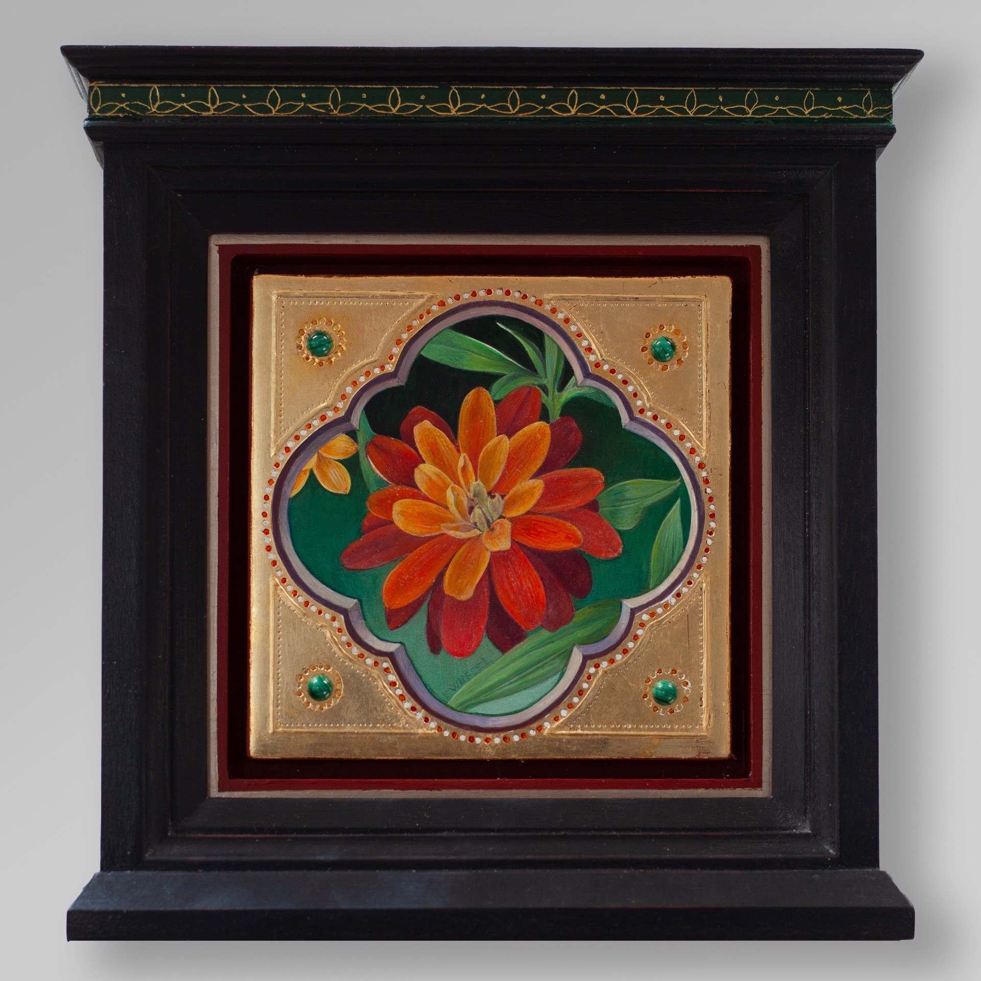A painting of a flower on a green background.
