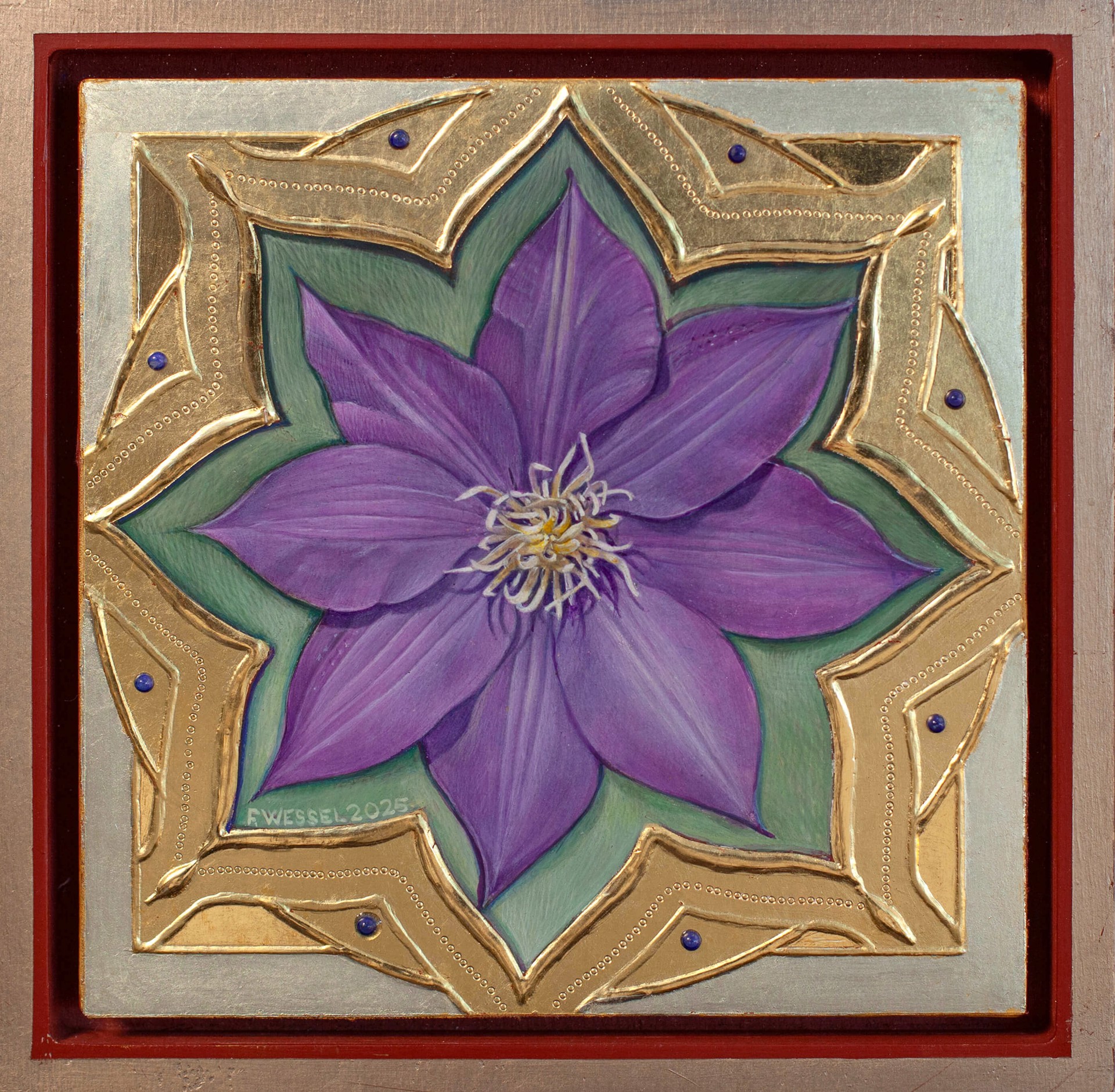 A purple flower set within an ornate gold frame on a red background.