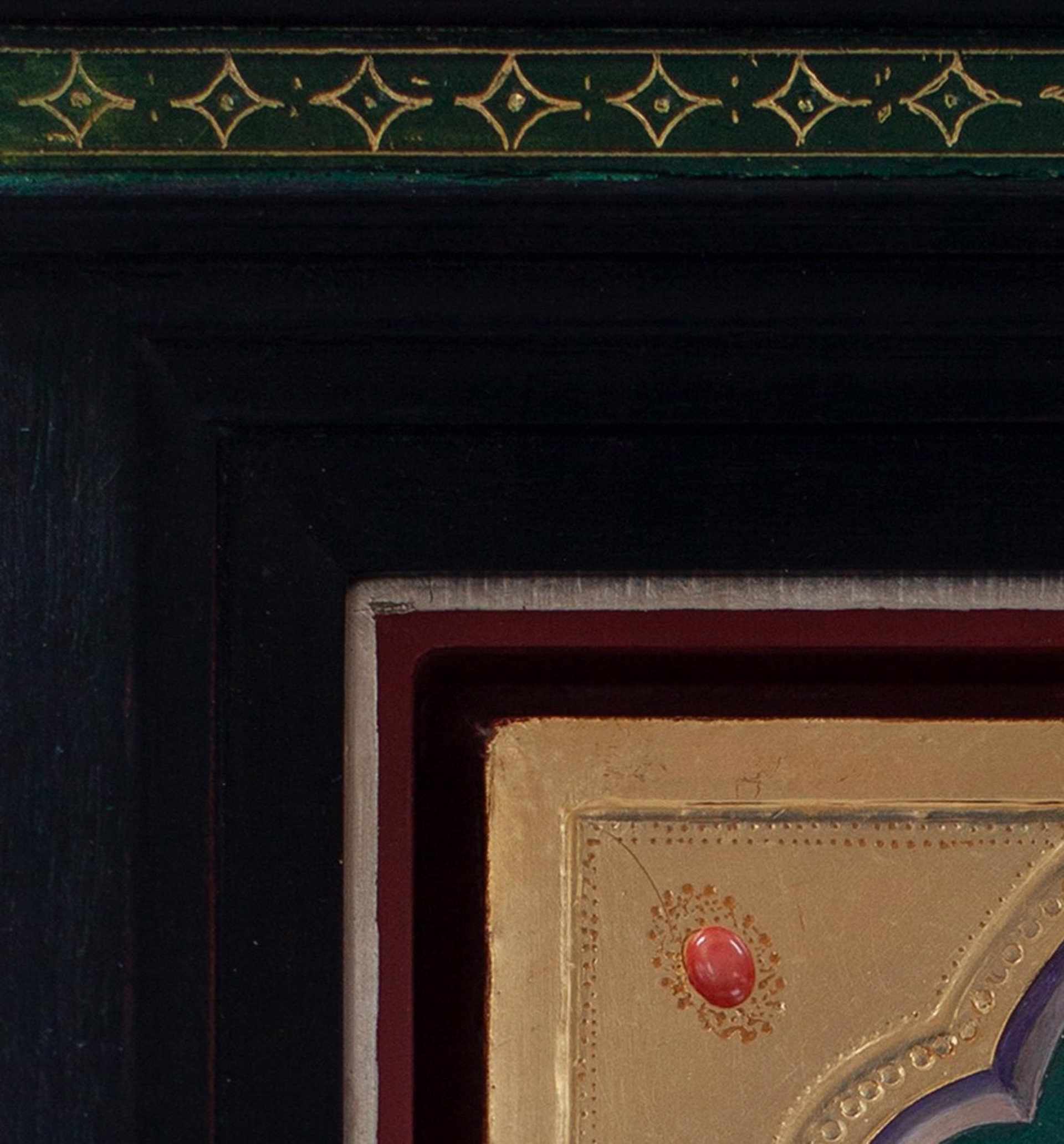 A painting of a red flower on a green background.
