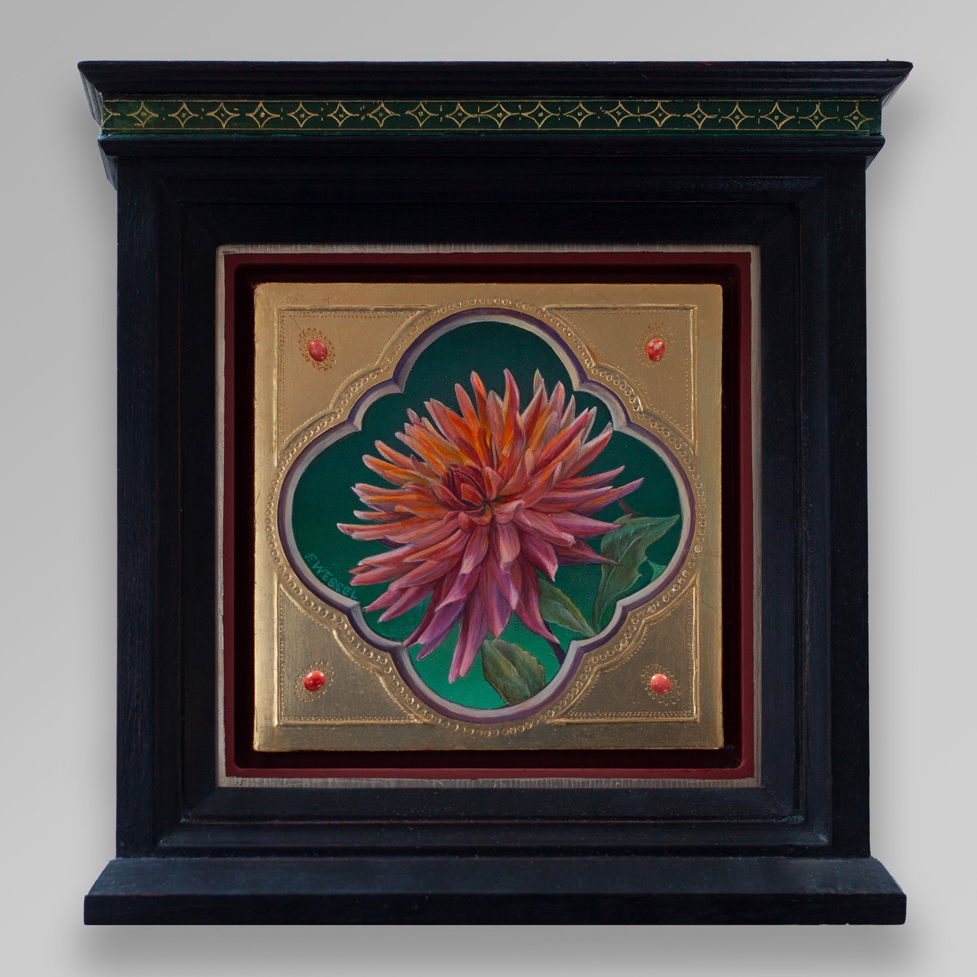 A painting of a red flower on a green background.
