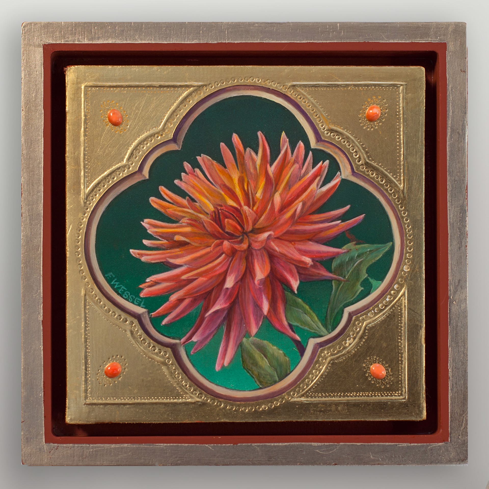 A painting of a red flower on a green background.