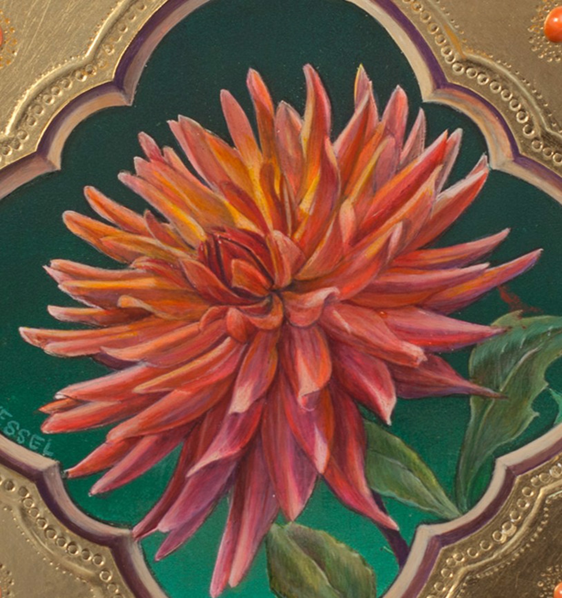 A painting of a red flower on a green background.