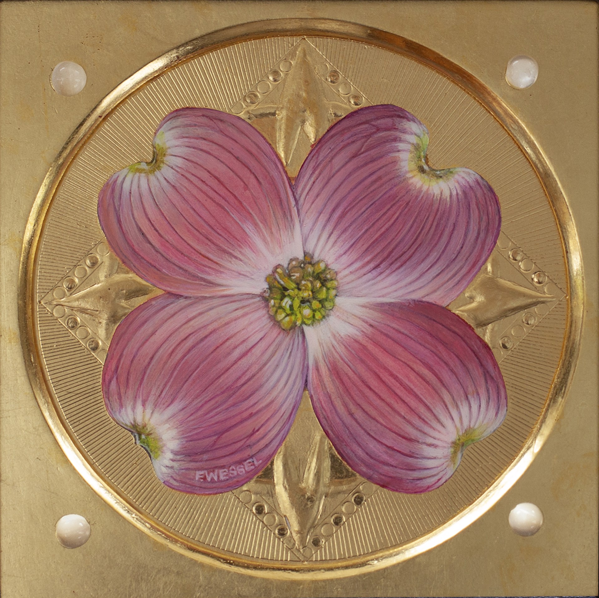 A pink dogwood flower on a gold plate with pearls.