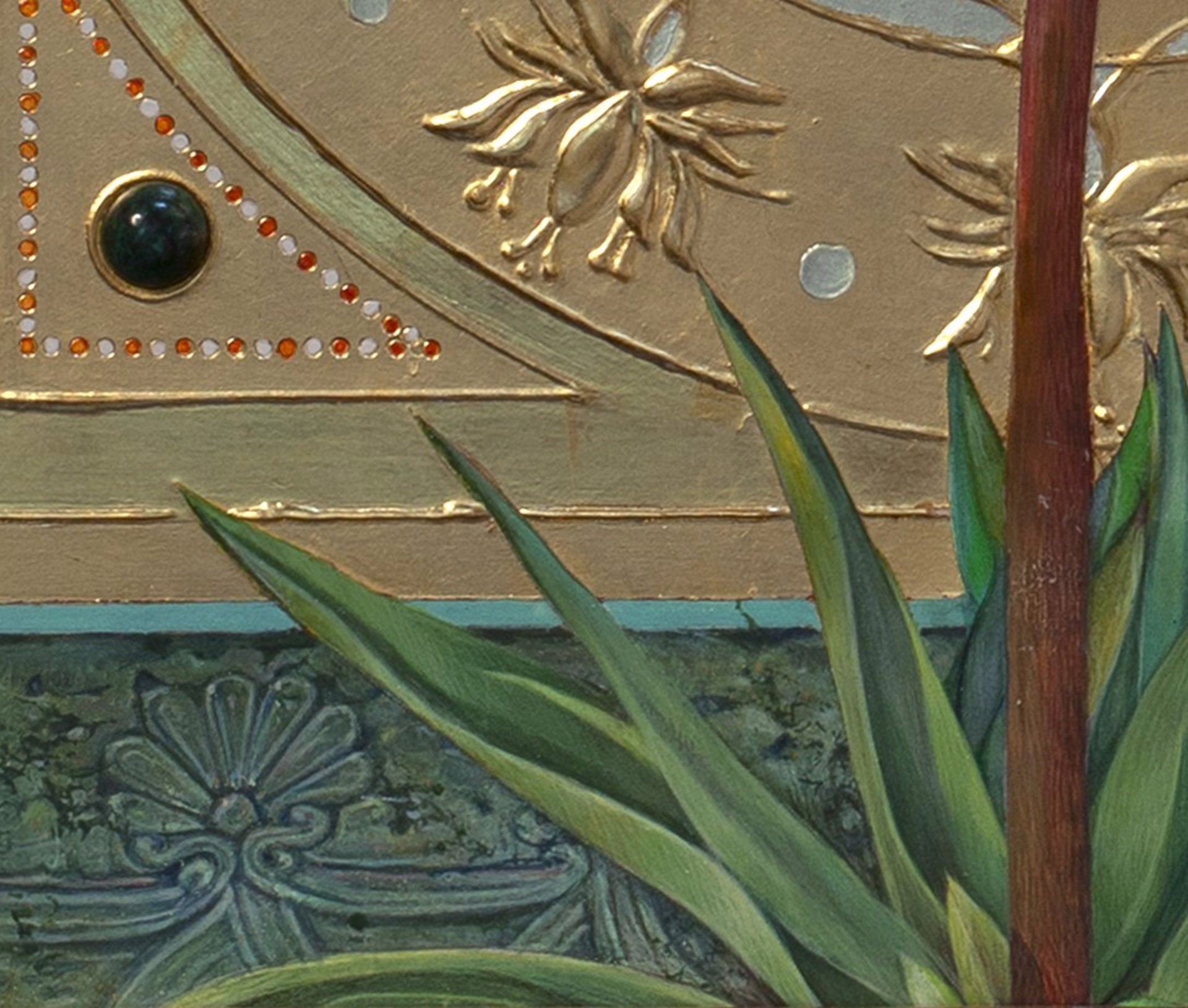 A painting of an orange flower on a gold plate.