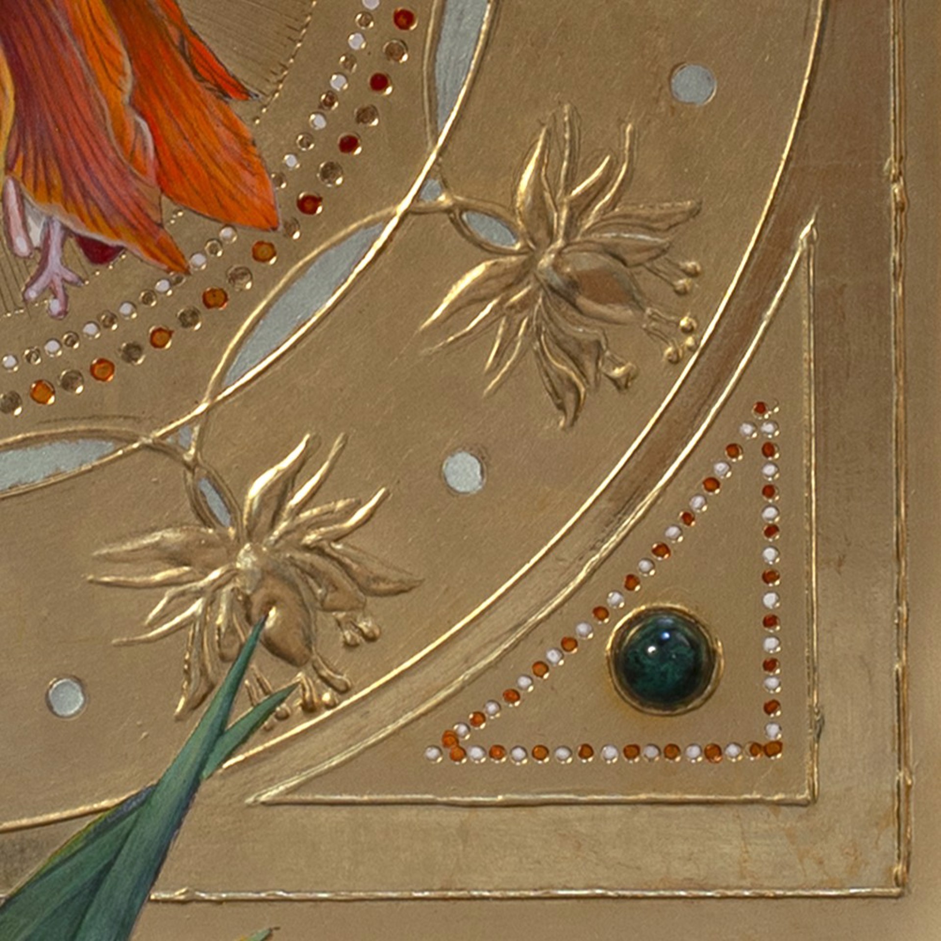 A painting of an orange flower on a gold plate.